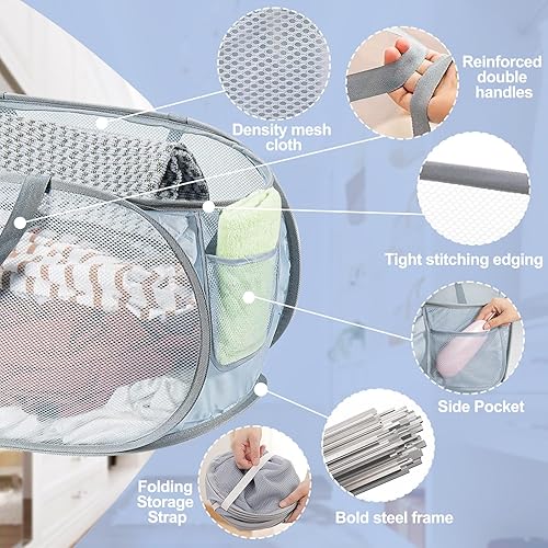 Miniatura 4 de Hotipine 2 cestas de malla para la ropa sucia, canastas plegables para la ropa sucia, 75 litros, cesta de almacenamiento horizontal con bolsillo