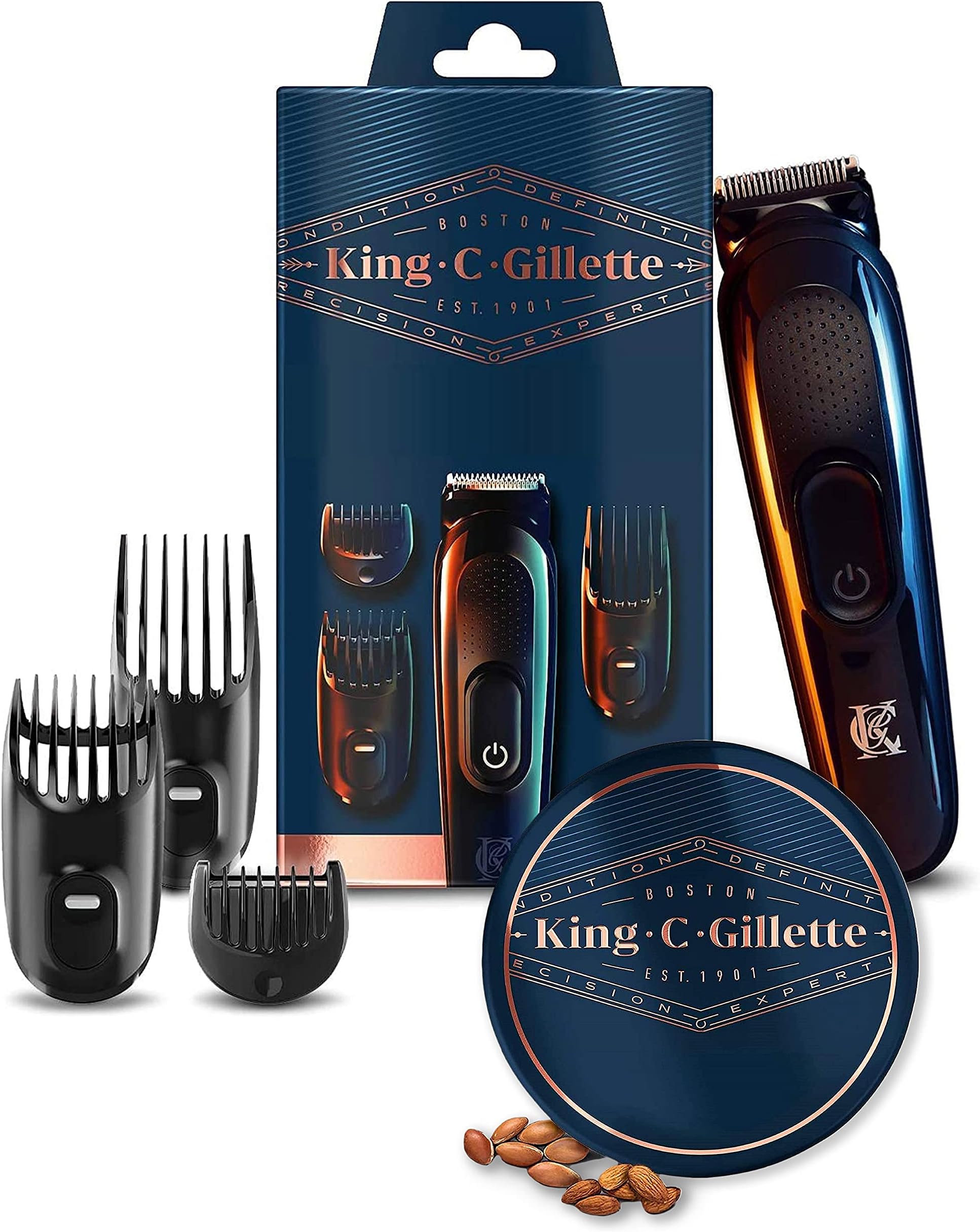 King C. Gillette Beard Grooming Kit for Men Bundle: Beard Trimmer & Hair Clippers + Beard Balm for Men with Cocoa Butter, Argan Oil & Shea Butter, 100 ml, UK Two Pin Plug, Gift Set Ideas for Him/Dad