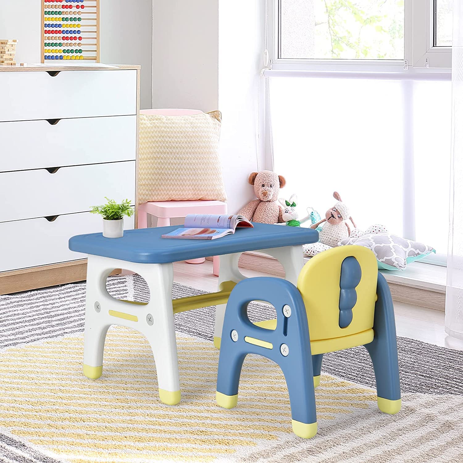 RELAX4LIFE Set Tavolo e Sedia per Bambini, Sedia a Forma di Dinosauro, Inclusi 3 Set di Costruzioni, Carico 30 kg (Blu)