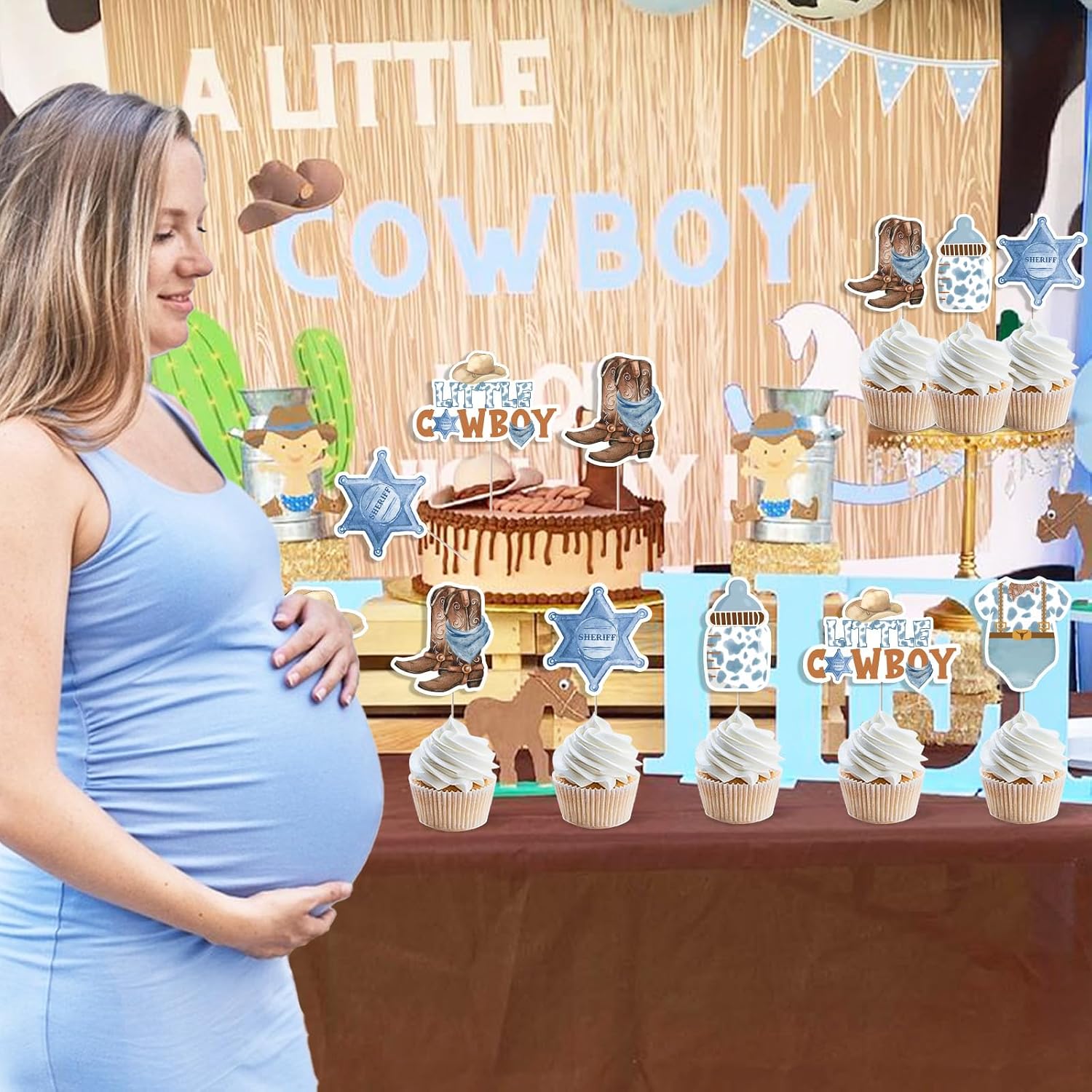 24 Pcs Little Cowboy Baby Shower Cupcake Toppers - Blue Brown Western Cowboy Baby Shower Decorations, Double Sided Wild West Cake Decor for Pregnancy Celebration Newborn Party