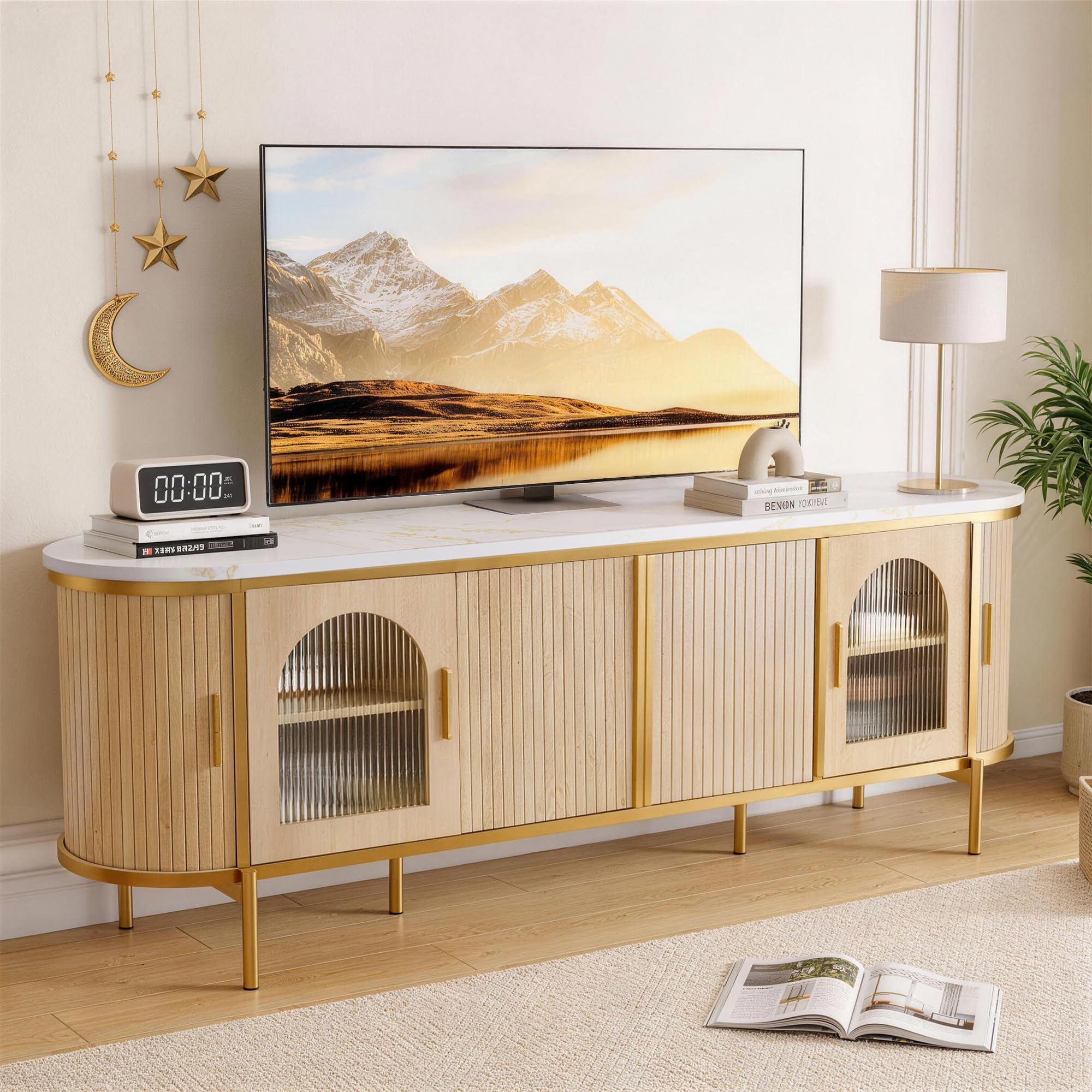 Photo 1 of MXV 70" Fluted TV Stand for TVs up to 80", Mid Century Modern Entertainment Center with Sliding Doors & Glass Door, TV Console Table with Faux Marble Top for Living Room, Oak