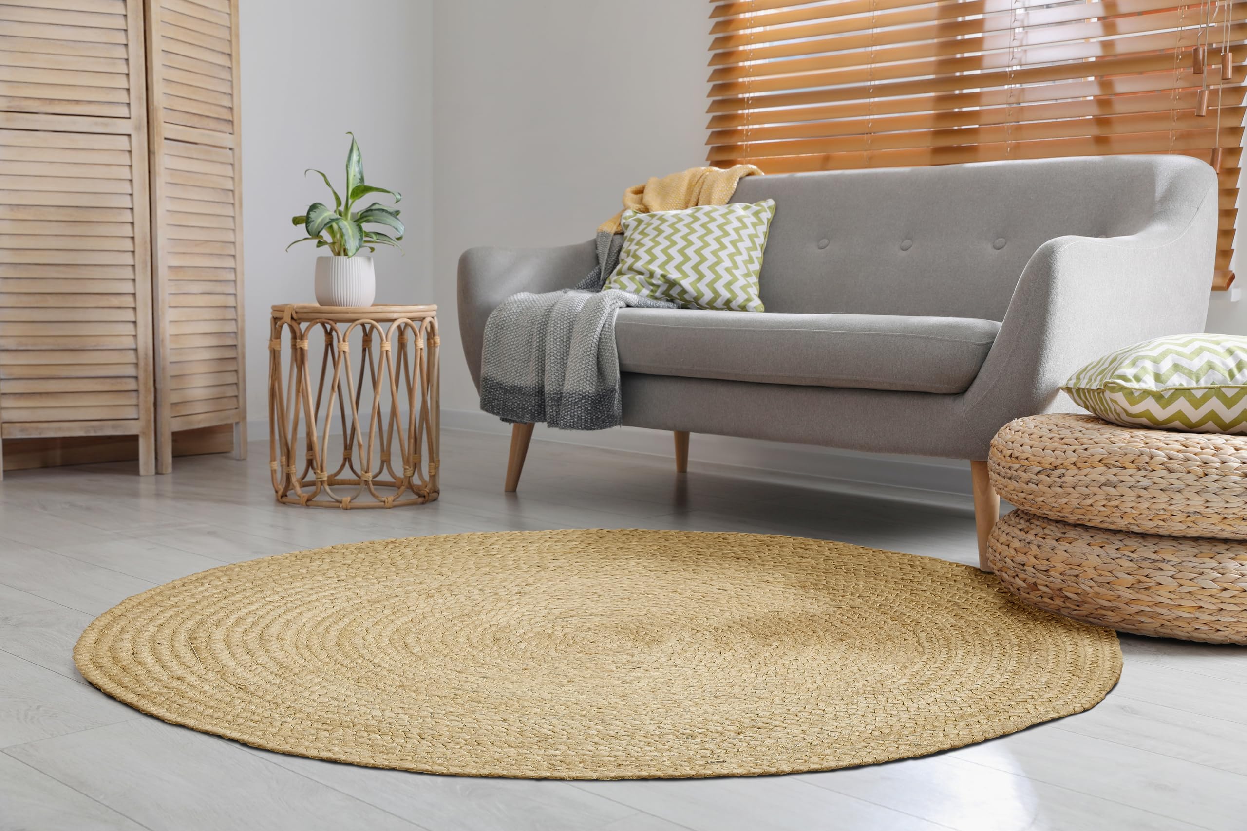 -LUXOR- living Teppich IBO - Juteteppich rund für Wohnzimmer und Schlafzimmer - Boho Teppich rund aus Jute und Baumwolle – Naturteppich in beige 120 cm rund