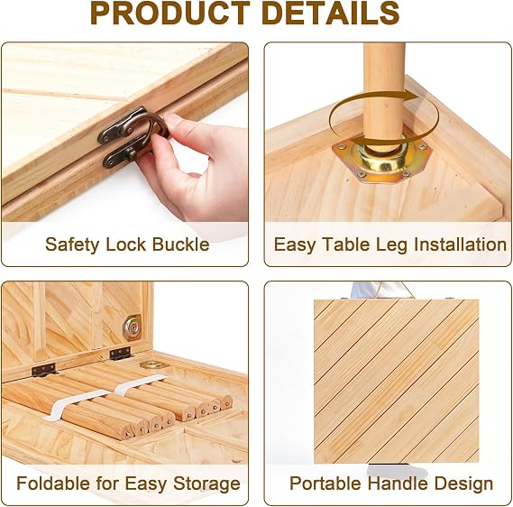 Folding Picnic Table for Indoor Outdoor, Portable Boho Low Picnic Table with Table Runner, 60 x 30 Wooden Table for Camping, Wedding, Beach, Garden, Party, Seats 6-8 People