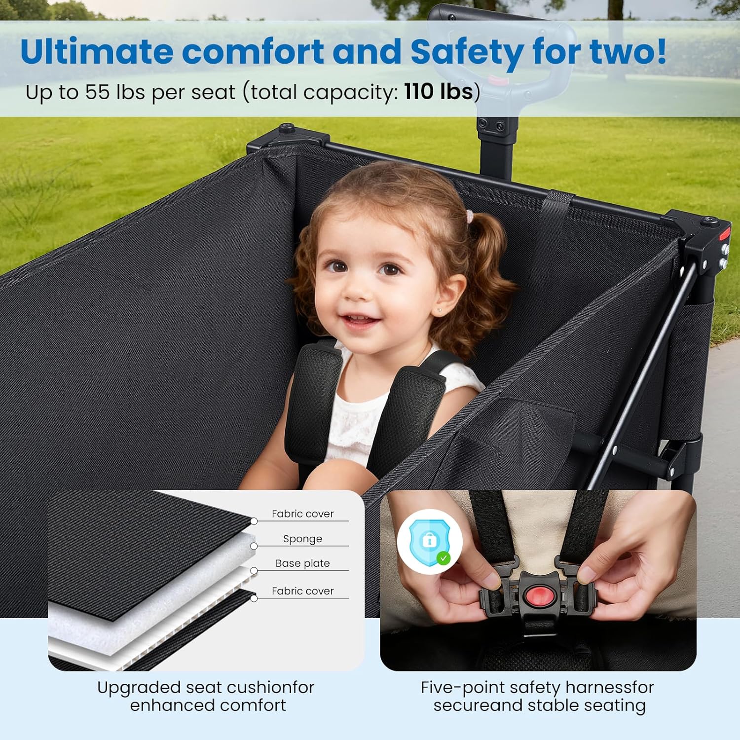 Wagon Stroller for 2 Kids, Baby Wagon Outdoor with Canopy, Collapsible with 5-Point Harnesses, Adjustable Handle & Pull Bar for Infants and Toddlers