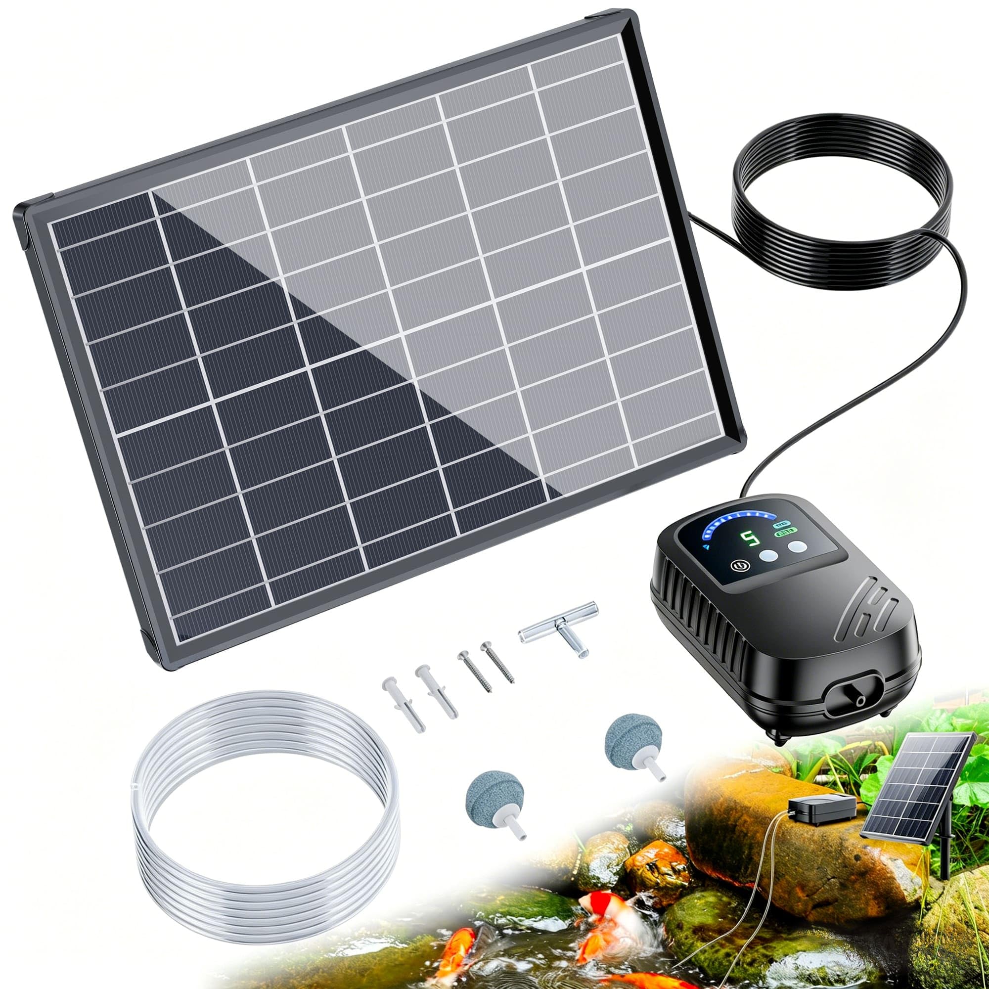 Biling Solar Teichbelüfter 8W Sauerstoffpumpe Teich Solar mit 5000mAh Akku Leise Teichluftpumpe Für Gartenteich Aquarium Winterfrostschutz Einstellbarer Luftstrom 2 Auslässe, auch an Bewölkten Tagen