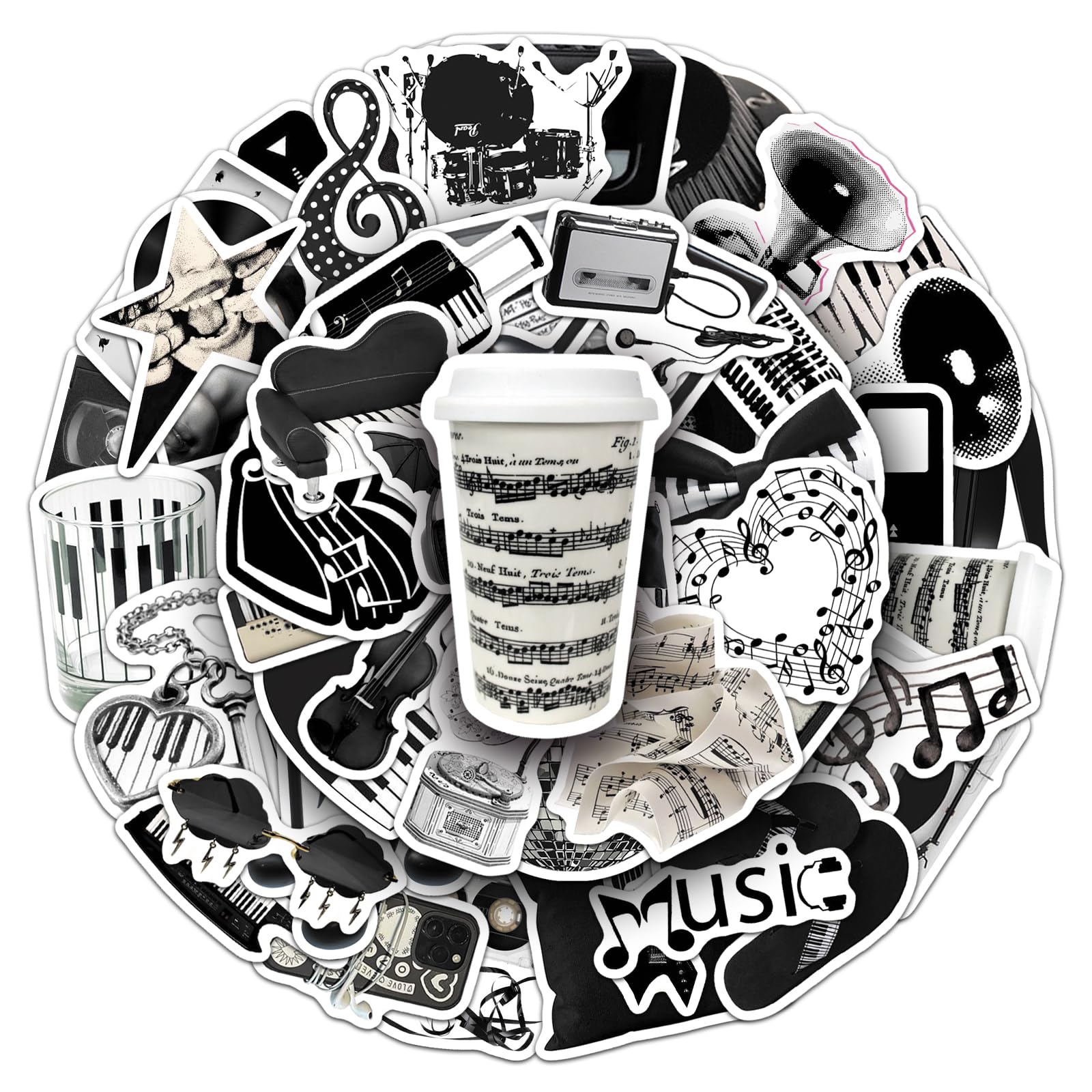 100 schwarz weiße Musik Aufkleber, Kinder Aufkleber Set, Cartoon Graffiti, Musik Symbol Dekoration, Skateboard Tagebuch Laptop Gitarre Tasse für Gepäck