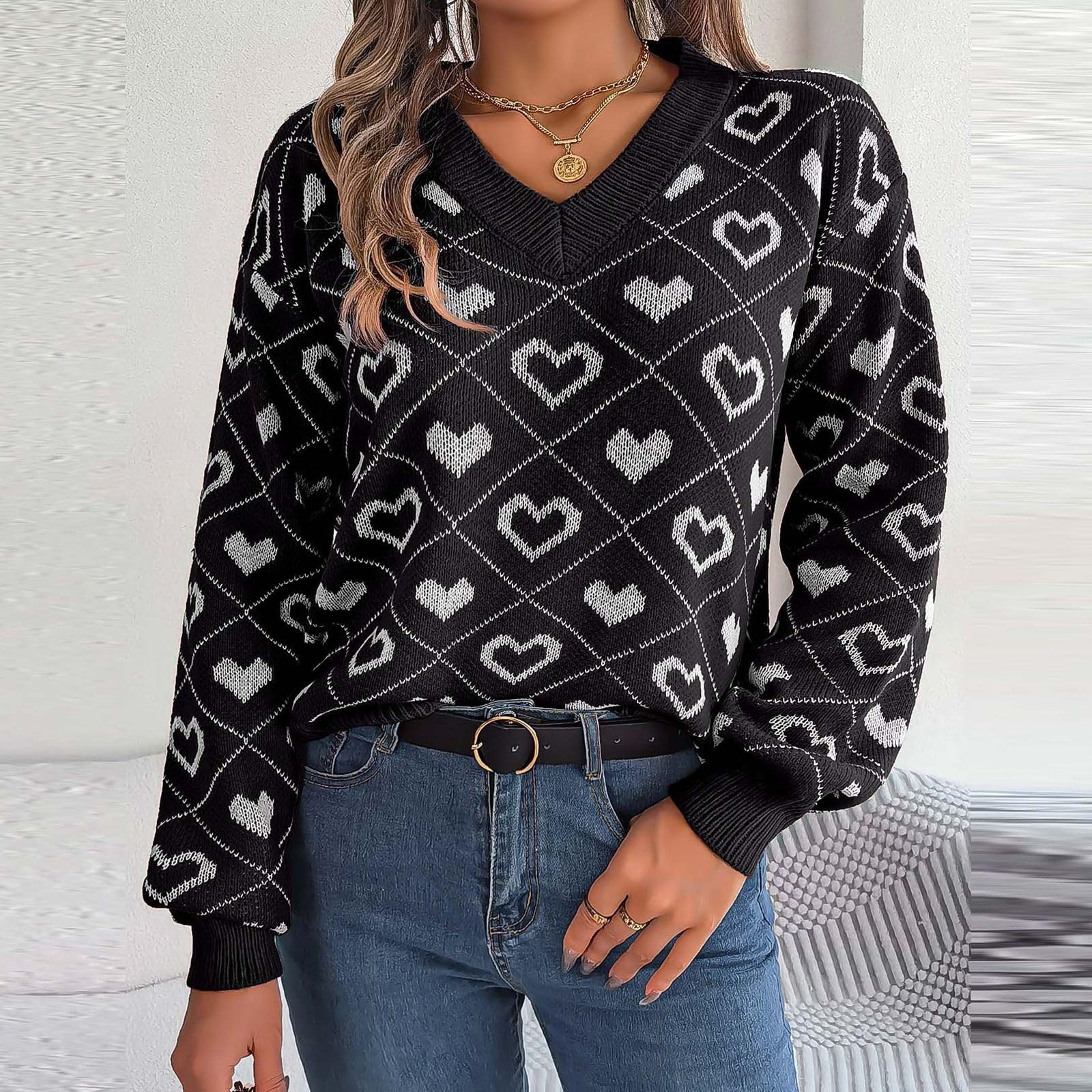 Generisch Jersey de invierno para mujer, estilo informal, colores de contraste, manga de diseño, para San Valentín