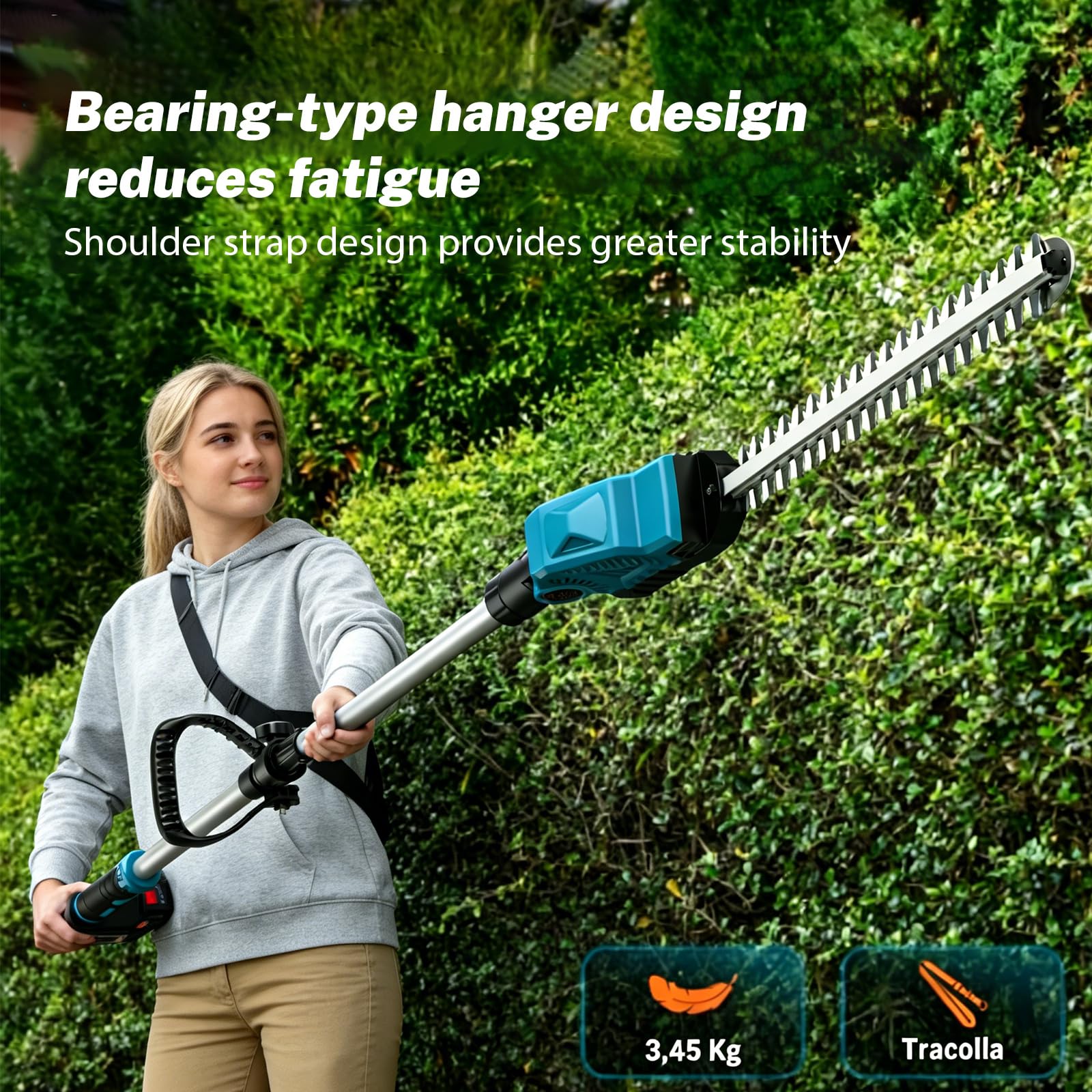 Cortasetos eléctrico con batería telescópica con 2 baterías de 4000 mAh, 48 cm de longitud de espada, distancia entre dientes de 16 mm, altura hasta 260 cm, cabezal de corte ajustable de 6 posiciones
