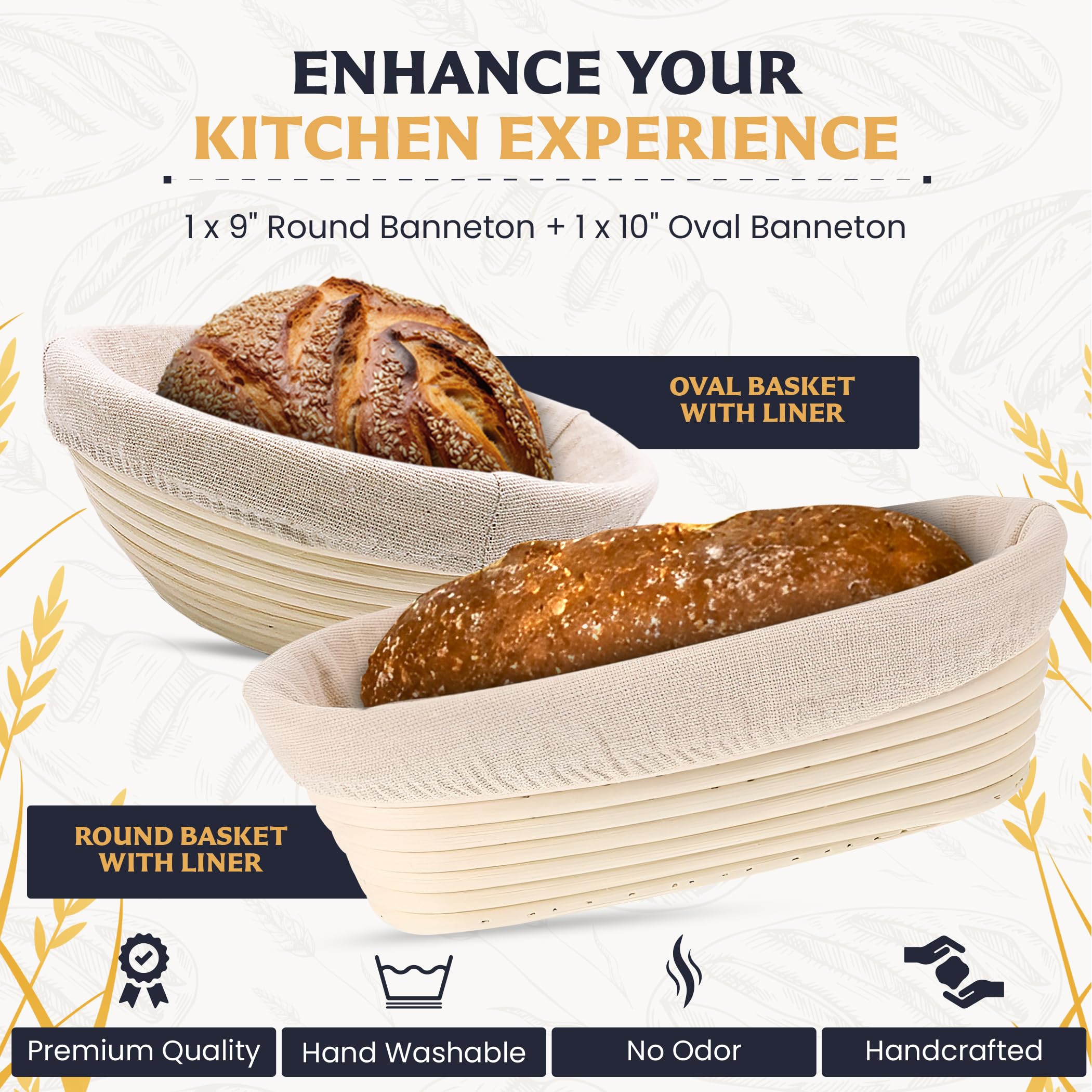 HaloZee 2-Pack Banneton Bread Proofing Basket Set – 10” Oval & 9” Round Rattan Baskets With Baking Tools