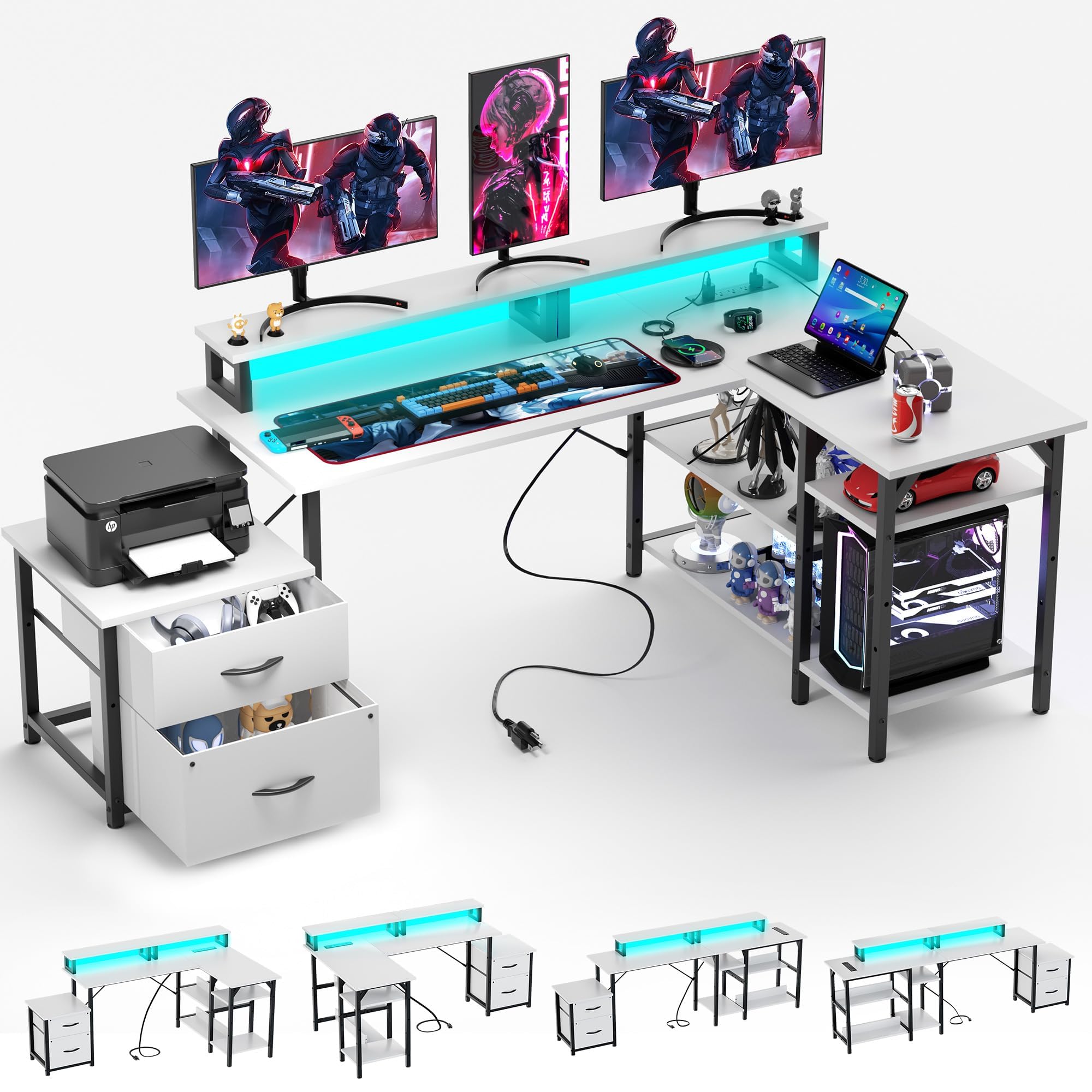 YOUNGAR Office Desk L Shape with File Drawers&Power Outlet, 69.3 Inch Reversible L Shaped Computer Desks,Corner L Shape or Long Desk Set up, Monitor Stand &Storage Shelves,LED Lights&CPU Stand,White