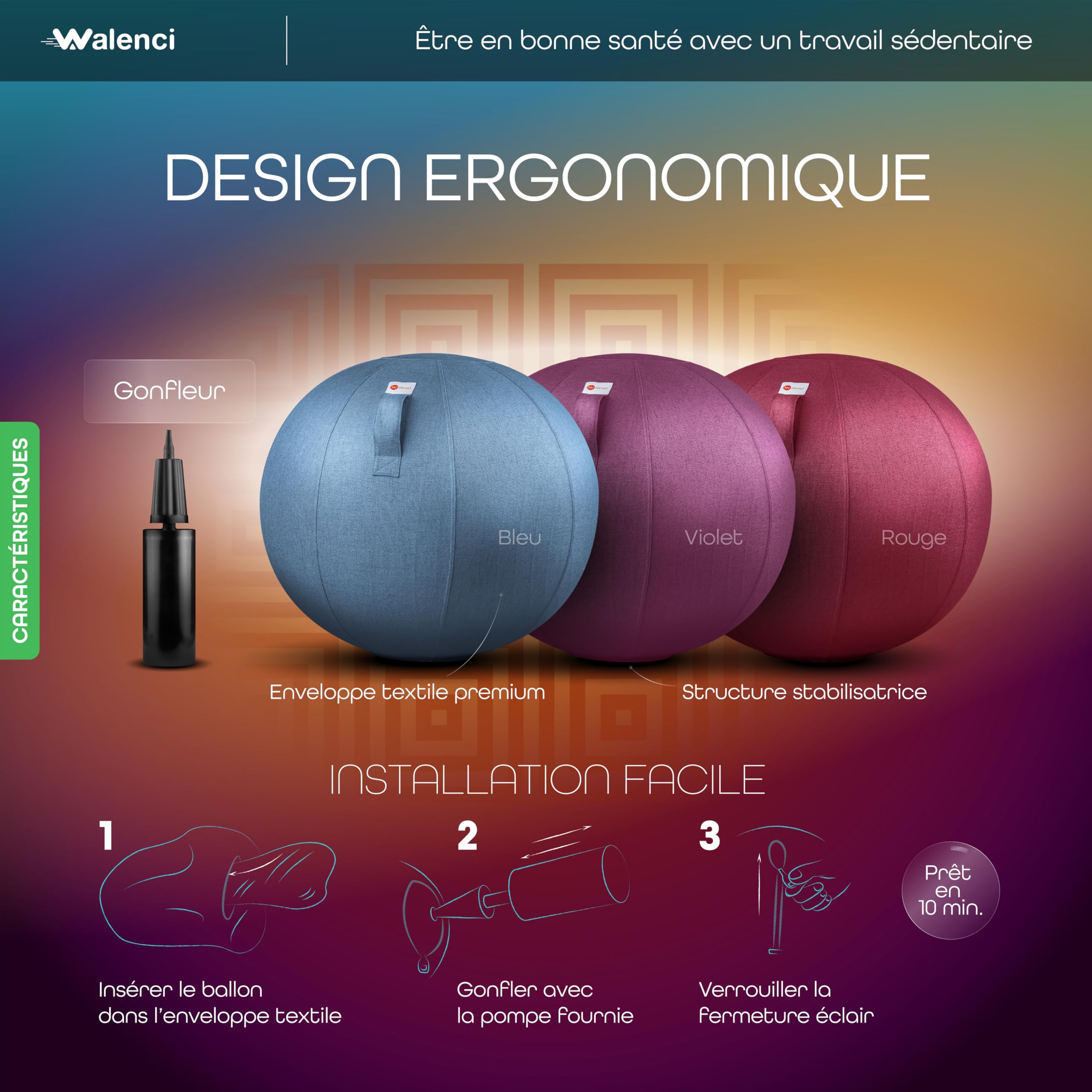 Ballon Siège Travail et Relaxation Chaise de Bureau Ergonomique, Chaise Ballon,Confort Teletravail et Gaming,Ideal Bureau Assis-Debout, Housse Textile Premium (Violet, 75)
