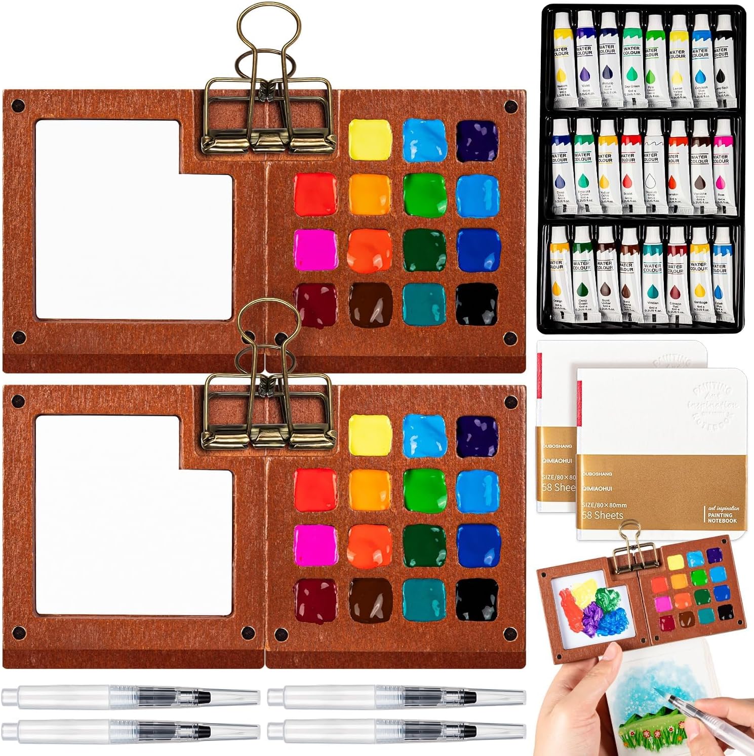Mini Watercolor Travel Set, Mini Watercolor Paint Set with 2 Wooden 15-Grid Palette, 24 Colors Paint, 2 Sketch Books and 4 Brushes, Copper Clip and Sketchbook for Travel Painting