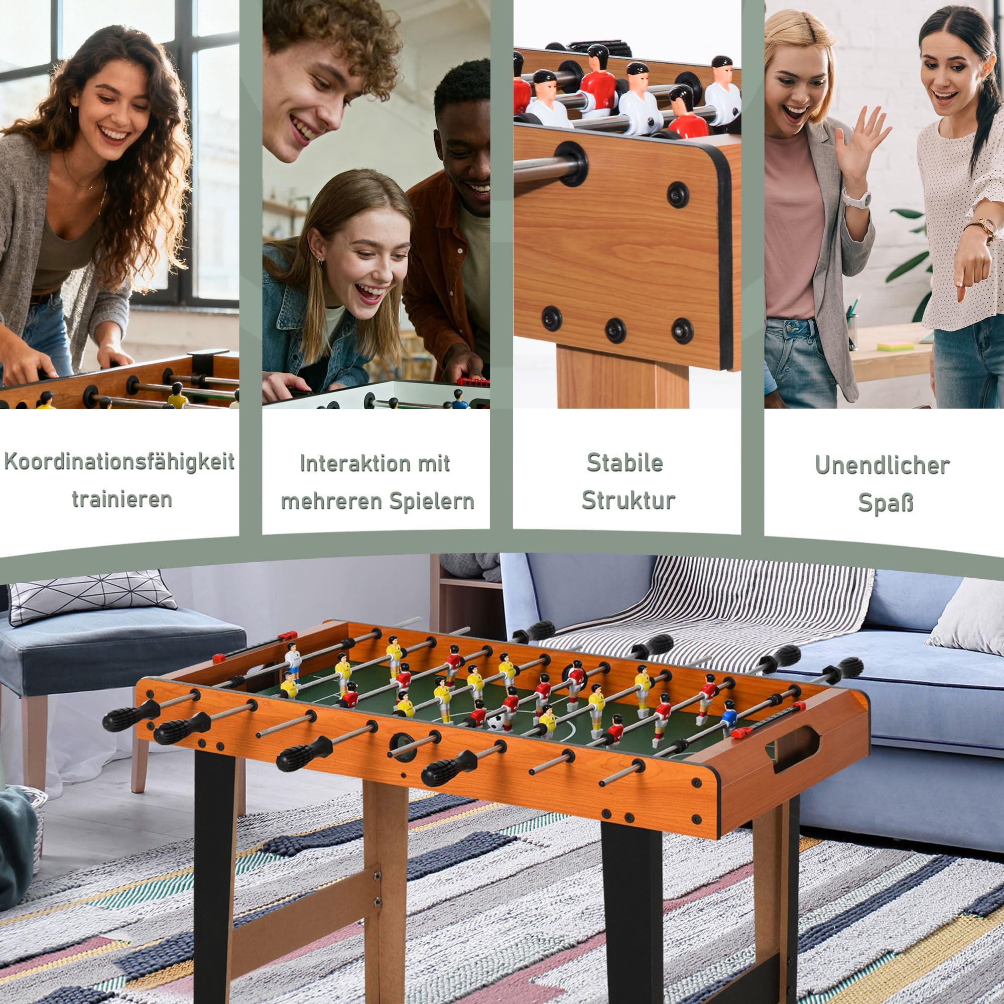 HOMCOM Mini Tischkicker mit 2 Beinsätzen, tragbarer Kickertisch mit 22 Spielern 2 Kickerbälle Holz-Optik Tischfussball für Jugendliche Erwachsene, für Spielzimmer, 84,5 x 40 x 61,2 cm, Naturholz