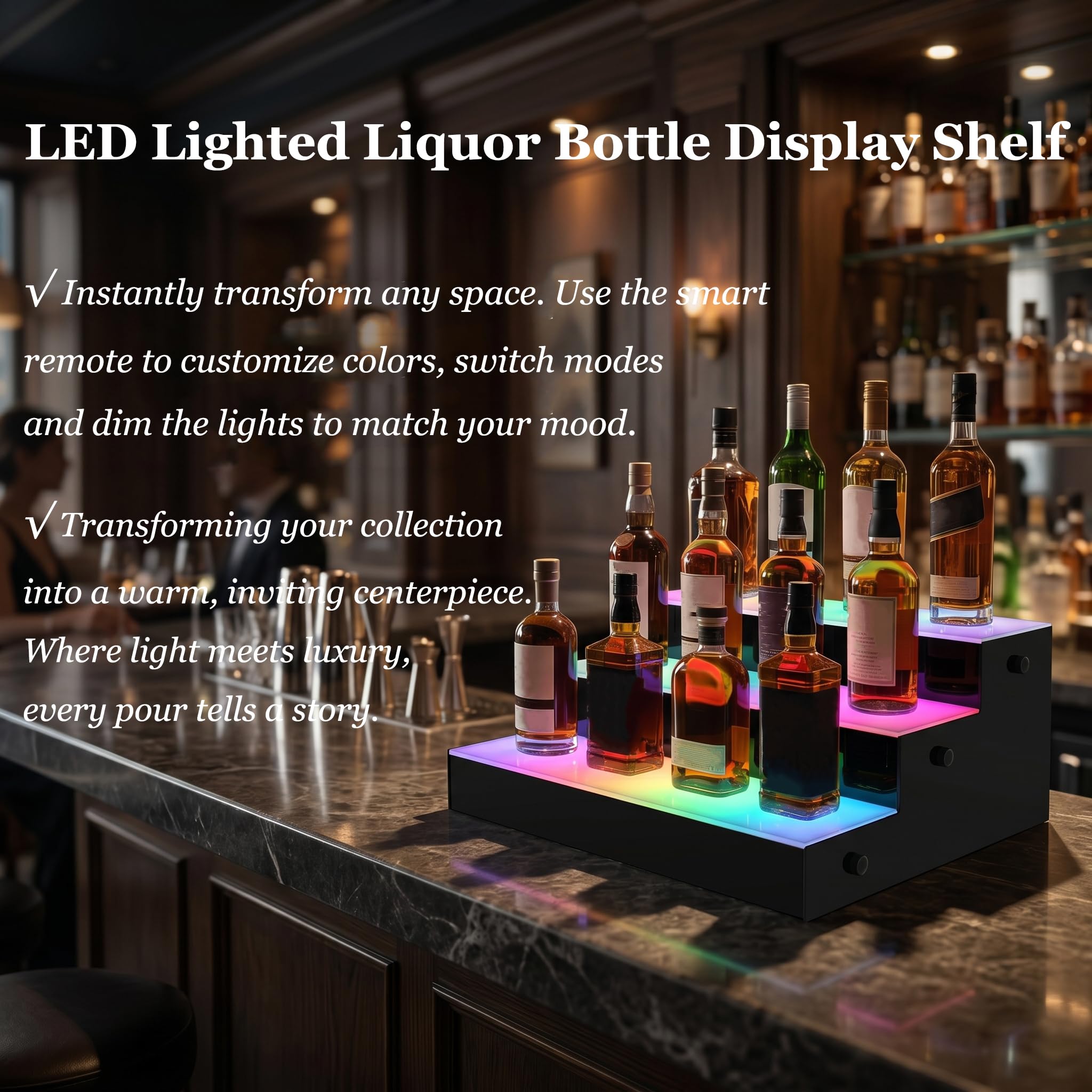 LED illuminato bottiglia di liquore display scaffale, 3 livelli 14,6 pollici, acrilico alcol whisky rack con telecomando RF per la barra di casa, 18 modalità 9 colori statici (3 Livelli)