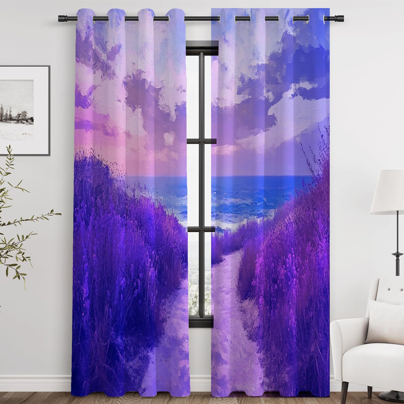 Lot de 2 Rideaux à Motif Lignes abstraites Rétro Rideaux Intérieurs Semi-Transparent pour Salon Fenêtre Chambre à Coucher-H220 x L132 cm (2 Panneaux)