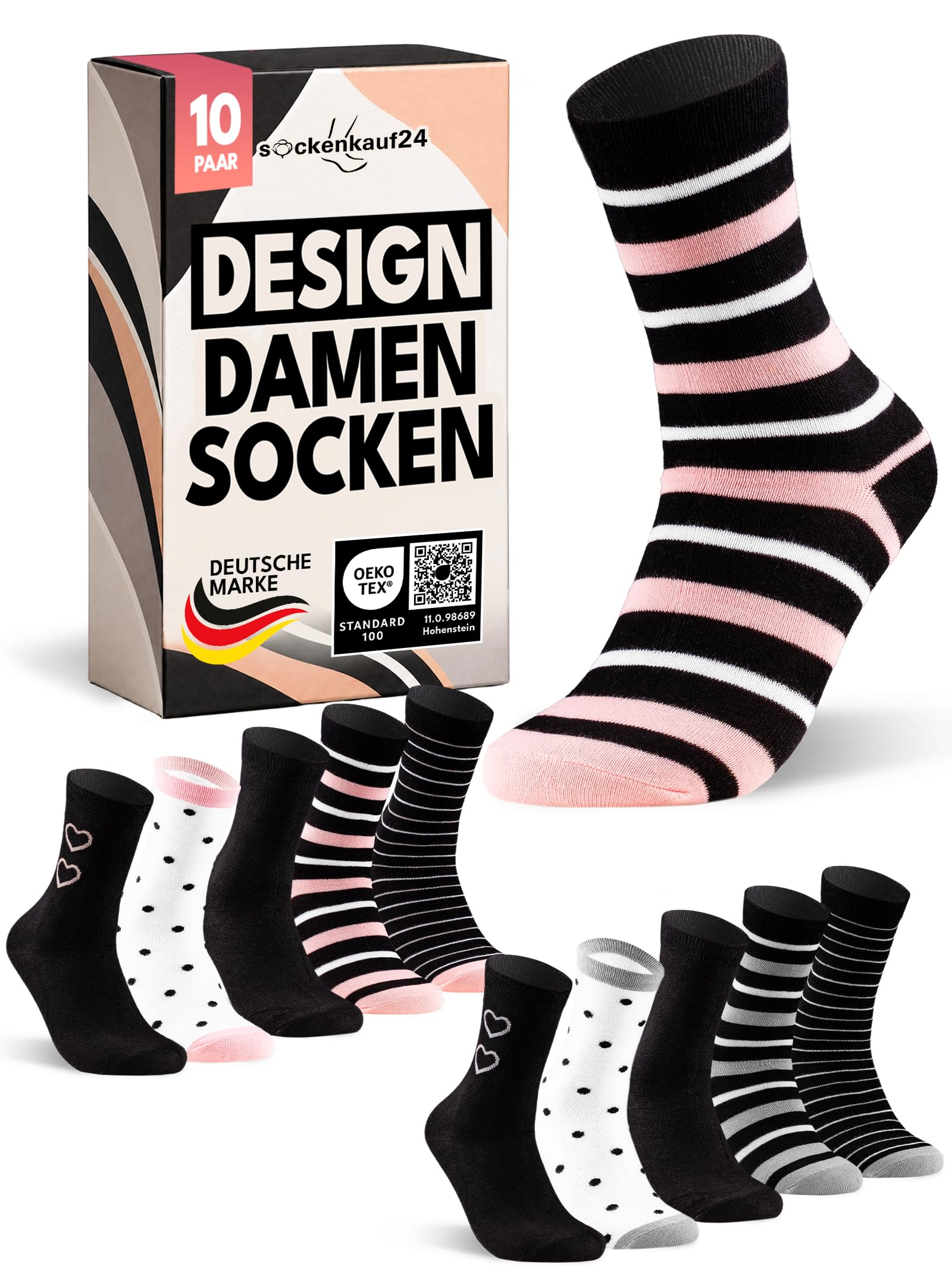 sockenkauf24 10 Paar Damen Socken aus Baumwolle mit Muster - Streifen, Punkte, Herzen