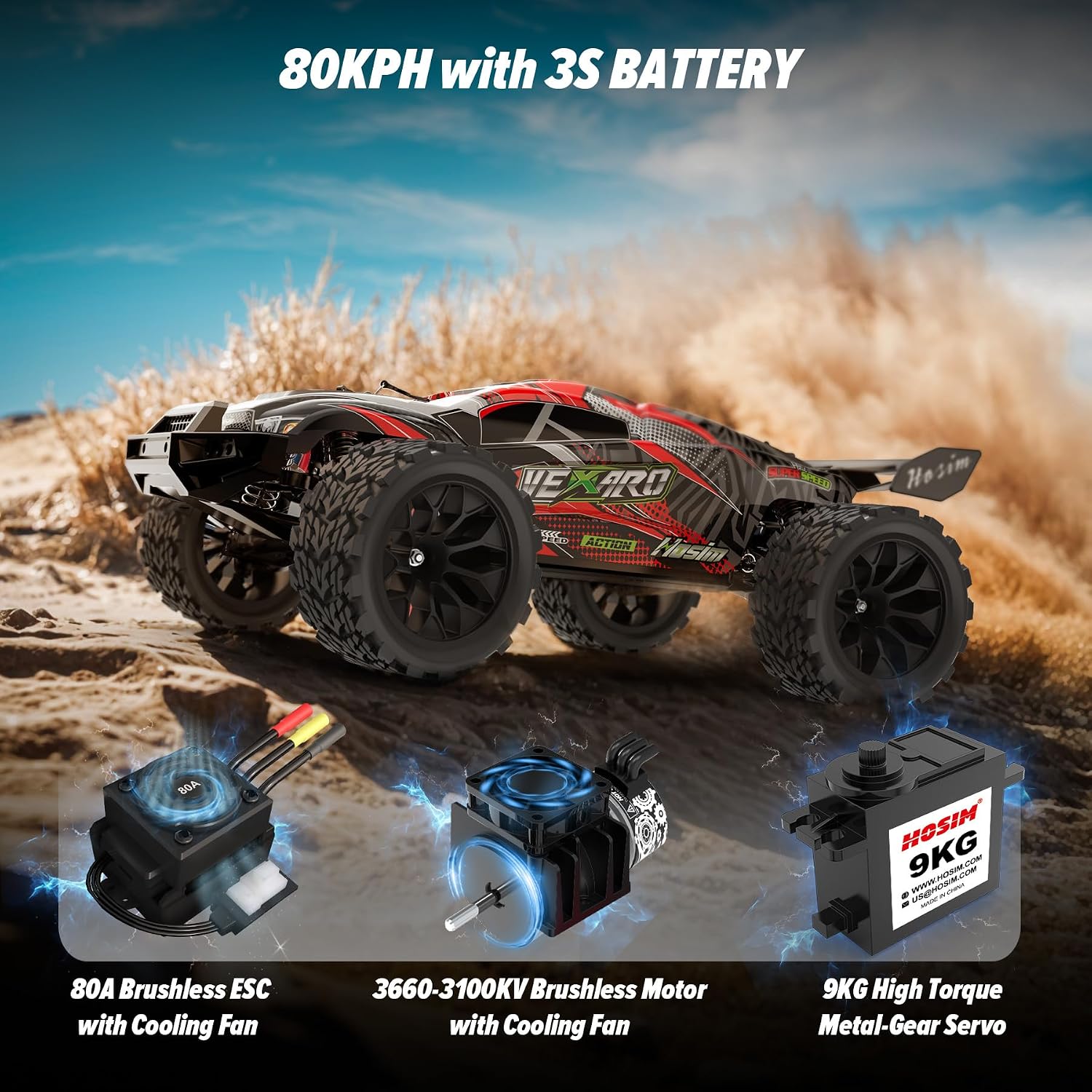 Hosim VEXARO MAX RC Car with its components laid out, including the battery, motor, and remote.