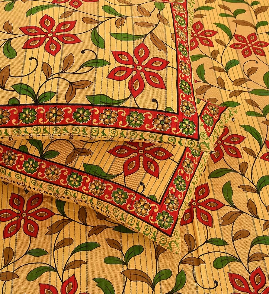 VAS COLLECTIONS 100% Cotton Indian Khadi Bedsheet with Traditional Block Print Jaipuri Designs Handmade Woven Striped 90 x 100 inch 210 Threadcount - Small Leaf Yellow Green