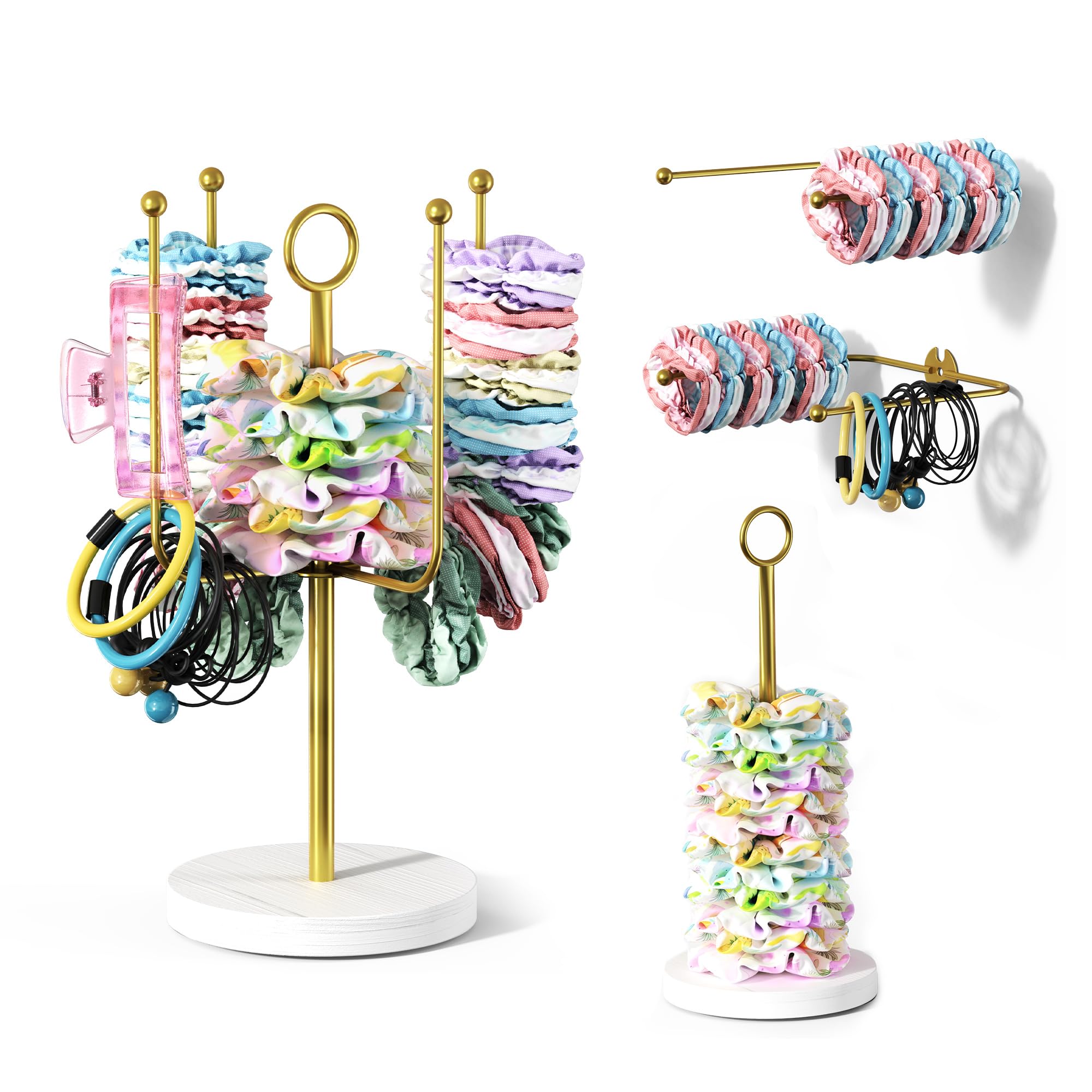 Scrunchie Holder for Desktop, Claw Clip Organizer, Hair Tie Organizer, Gold | Wall Mounted Headband Holder for Women Hair Accessories Display Stand