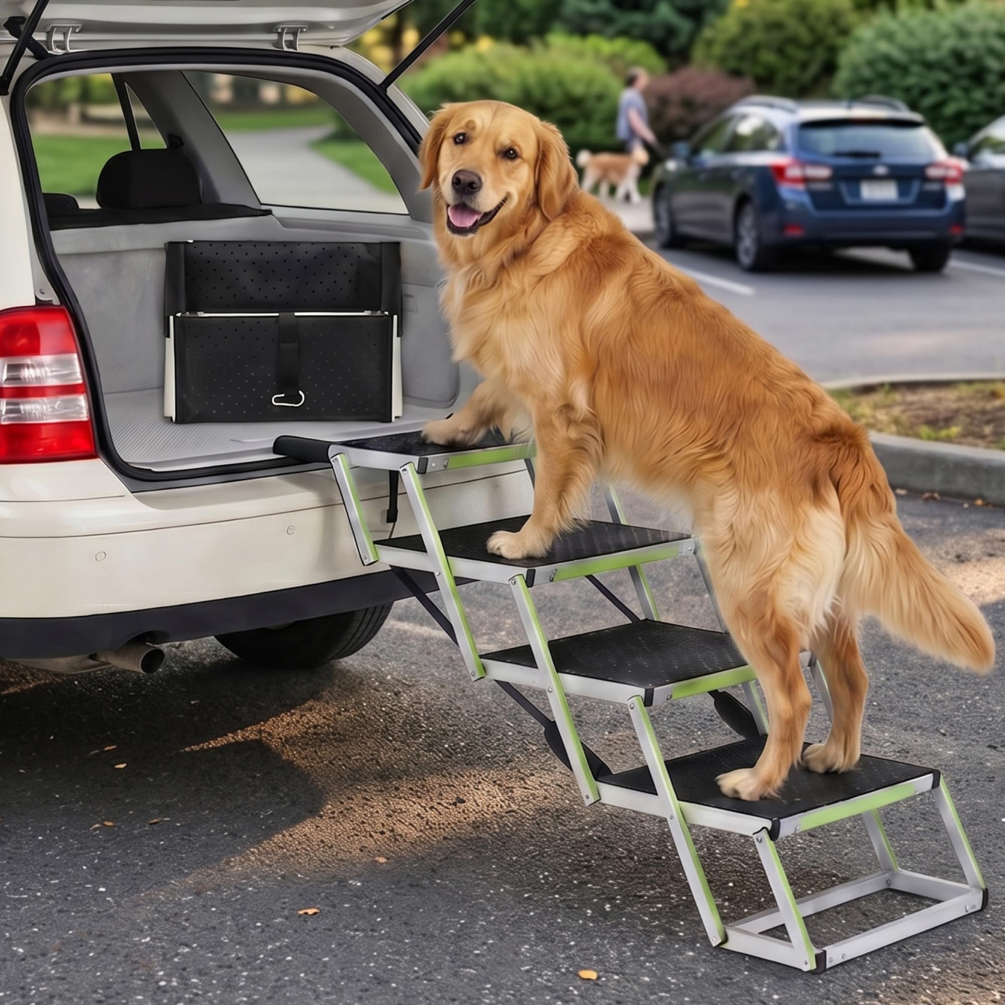 Escalera para Perros pequeños o Grandes PRIORPET - Marca Que Brilla en la Oscuridad - Rampa de Coche Plegable - Adecuada para Todos los Coches - Superficie Antideslizante - 4 Escalones Certificado ClimatePartner