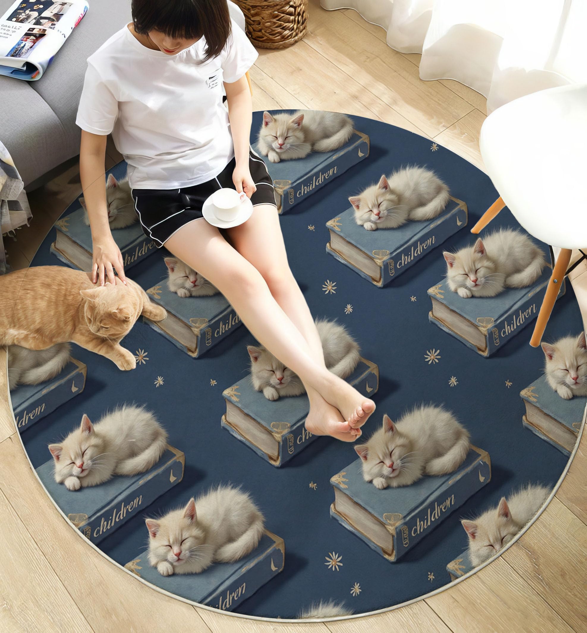 Tapis Rond De Chambre d'enfant 100 Cm - Chat Mignon Livres Bleu Marine - Motif Animaux Ciel Étoilé - Moelleux Et Antidérapant - Tapis De Salon À Poils Courts - Lavable - Moderne Doux