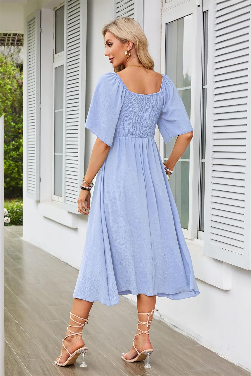GOLDSTITCH Summer Dress for Women 2025 Casual Short Sleeve Bow Tie V Neck Smocked High Waist A-Line Flowy Midi Dress - Image 3