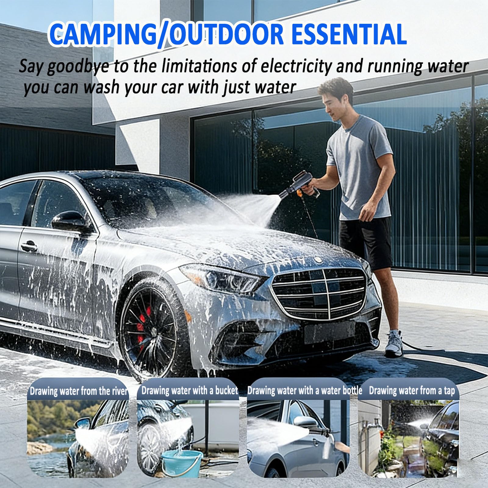 Nettoyeur haute pression sans fil pliable, batterie et chargeur de voiture, laveuse électrique portable 247 Psi, tuyau et buse de 16,4 pieds + canon à mousse, pour voiture, patio, clôture