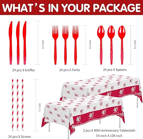 Miniatura 3 de Vajilla para decoración del 40 aniversario, suministros para fiesta de aniversario de boda, platos, vasos, servilletas, mantel, cubiertos, pajitas,