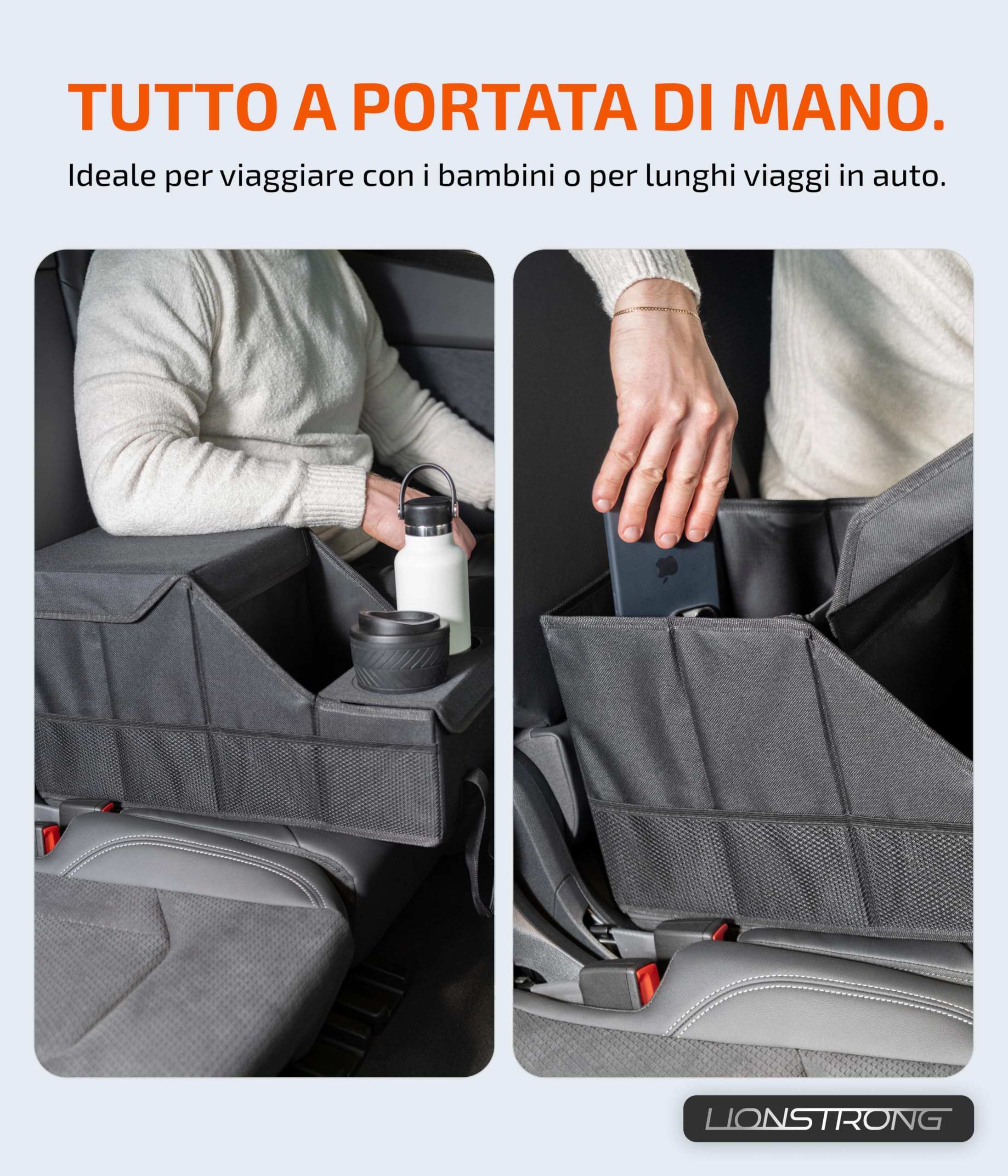 LIONSTRONG® Organizzatore Auto [STABILE GRAZIE PANNELLI PLASTICA] - Organizzatore Universale Sedile Posteriore e Sedile Passeggero - Ideale per Vacanze - Spazio per Giocattoli - Resistente all'Acqua