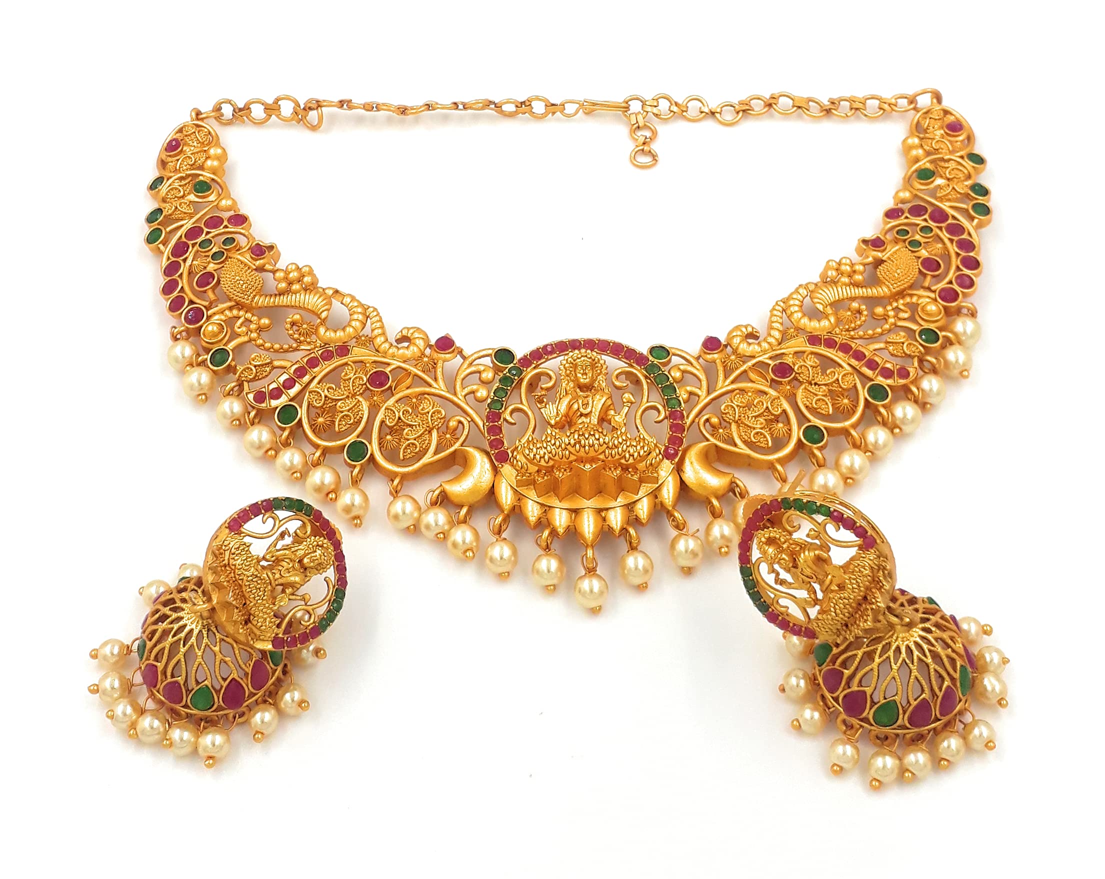 Anujeet Fashion HubAnujeet Fashion 1868 Latest Matte finish Designer Antique Fashion Jewellery Stylish Lakshmi Peacock Design Choker Necklace paired with Beautiful Earrings Jewellery Set for Women & Girls