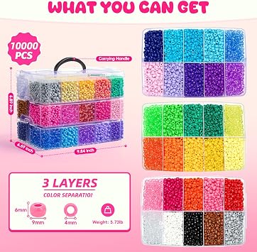 Simetufy 10000Pcs Pony Beads Bulk 30 Colors for Kandi Bracelet Making | DIY Key Chains Rainbow Hair Braiding Kids Jewelry Crafts Gifts (5.73lb,3 Tier Stackable Organizer)