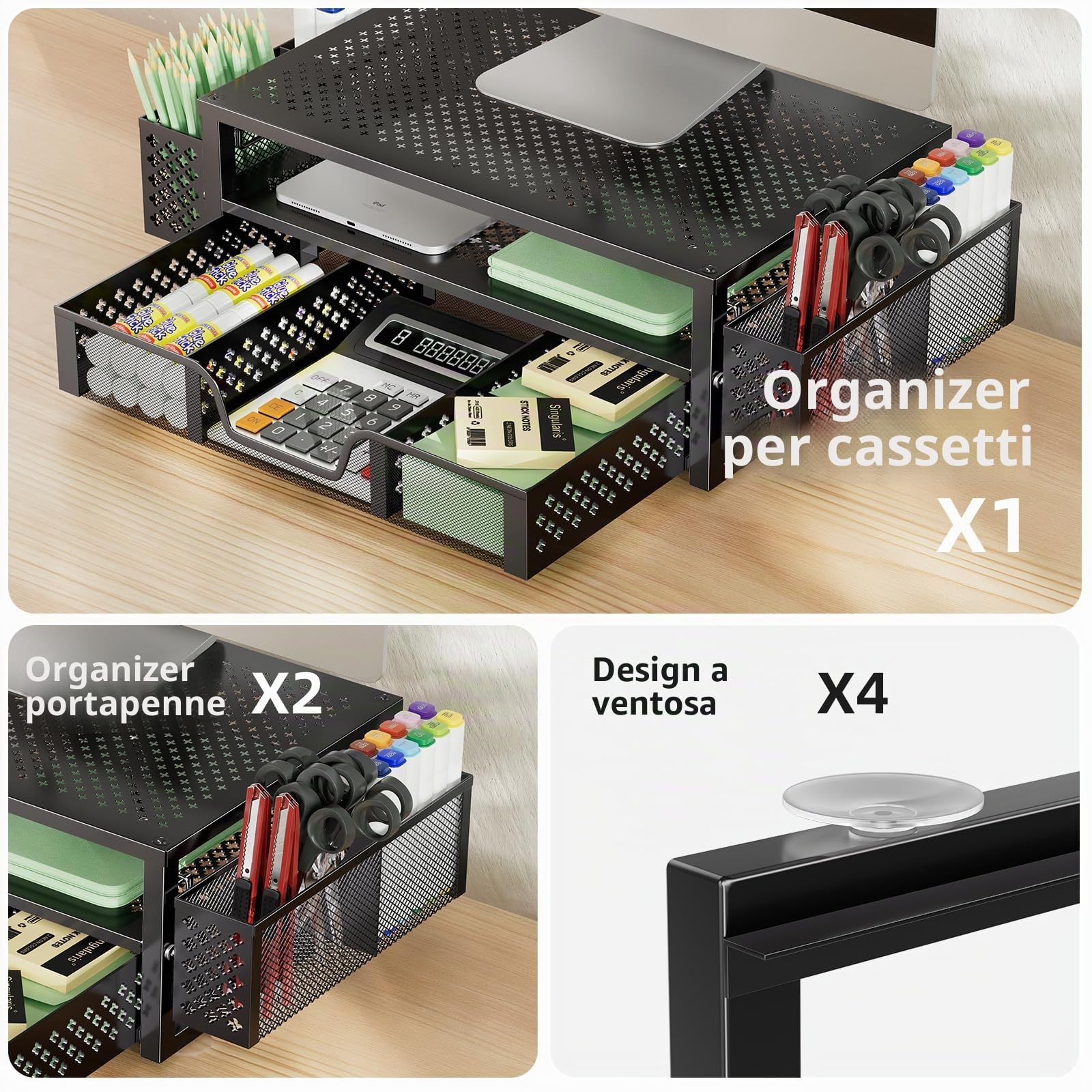 Simple Trending Supporto per monitor in metallo a 2 ripiani e organizer da scrivania per computer, con cassetto e portapenne, per computer portatile, computer, iMac, nero