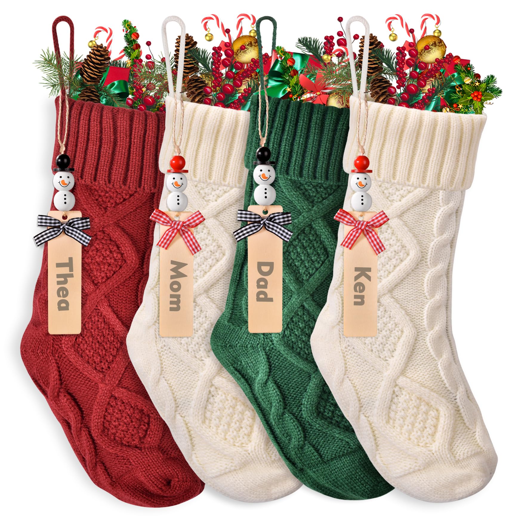 Paquete de 4 medias de Navidad personalizadas con etiquetas de muñeco de nieve, juego de 4 medias familiares con nombre personalizado para Navidad, medias de Navidad de punto trenzado grandes de 18