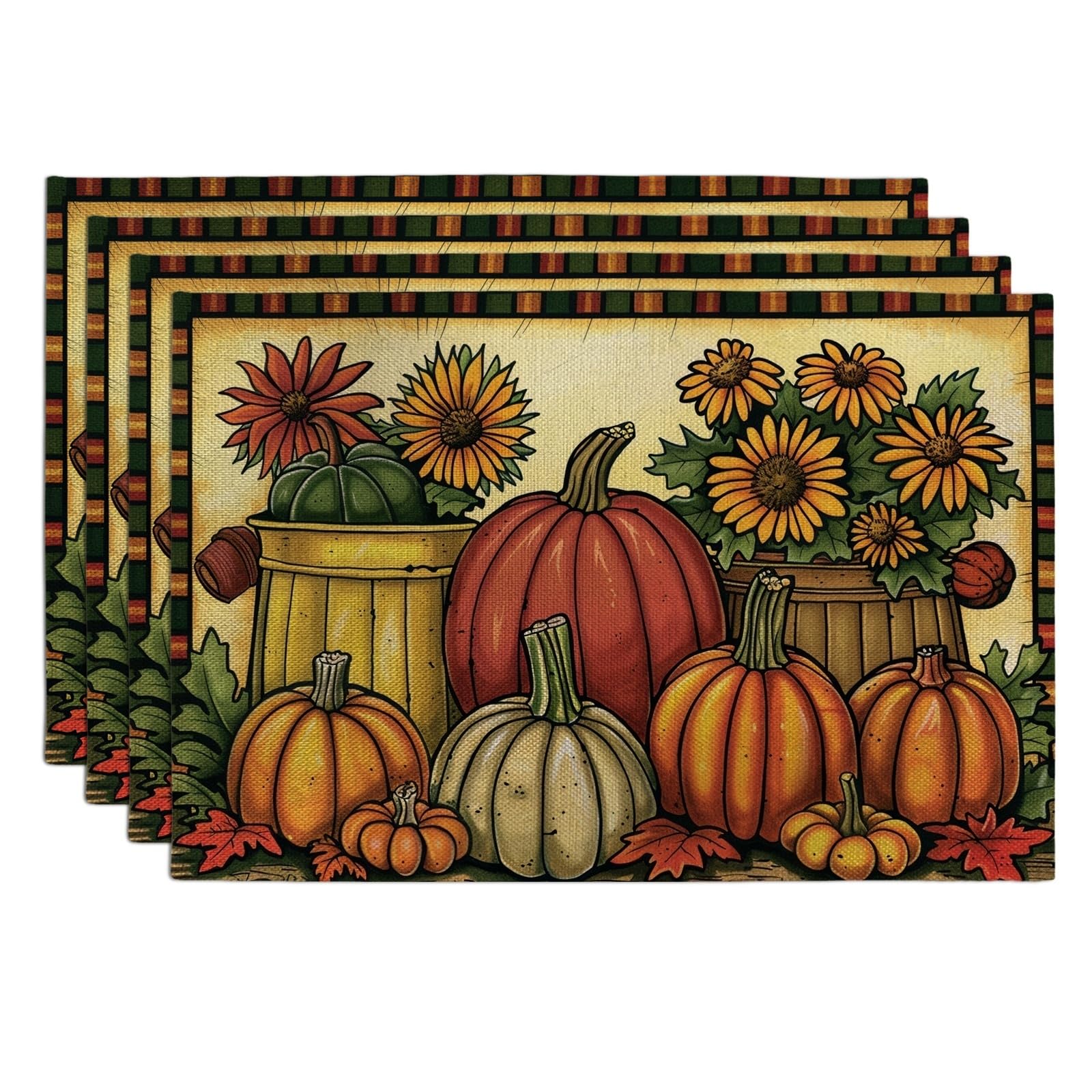 Fall Pumpkin Harvest Placemats, Orange Country Floral Place mats for Dining Table, Non-Slip Washable Indoor Outdoor Party Decorative Placemat Set of 4