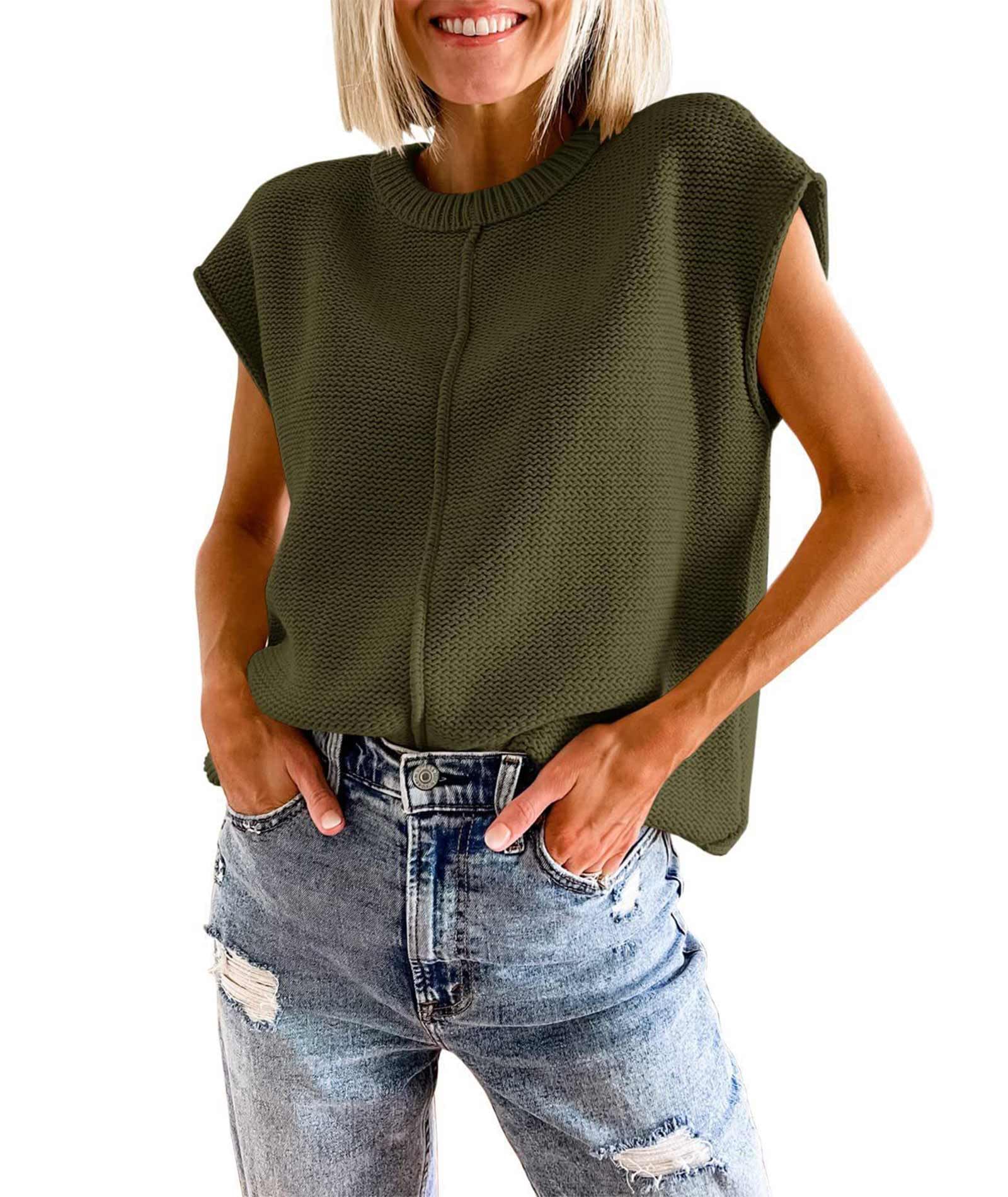 xxxiticat Womens Cap Sleeve Sweater Vest Casual Short Sleeve Crew Neck Loose Fit Knitted Tanks Pullover Sweater Jumpers