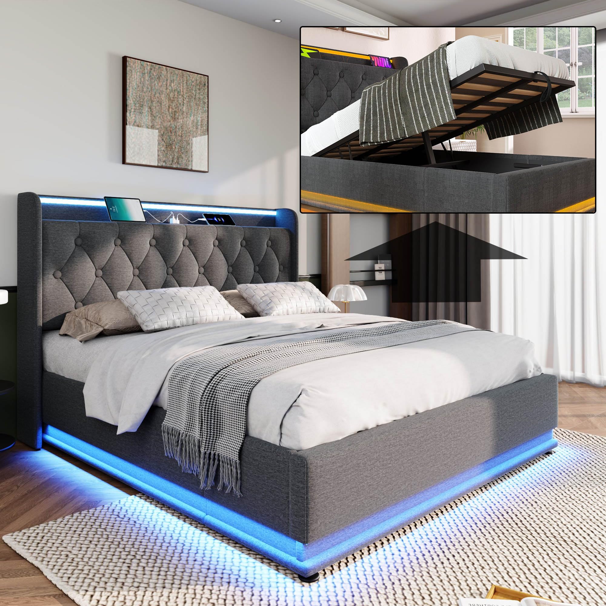 Modern Lift up Storage Bed Full, LED Bed Frame with Charging Station, Linen Upholstered Platform Bed with Button Tufted Headboard, Remote Control,
