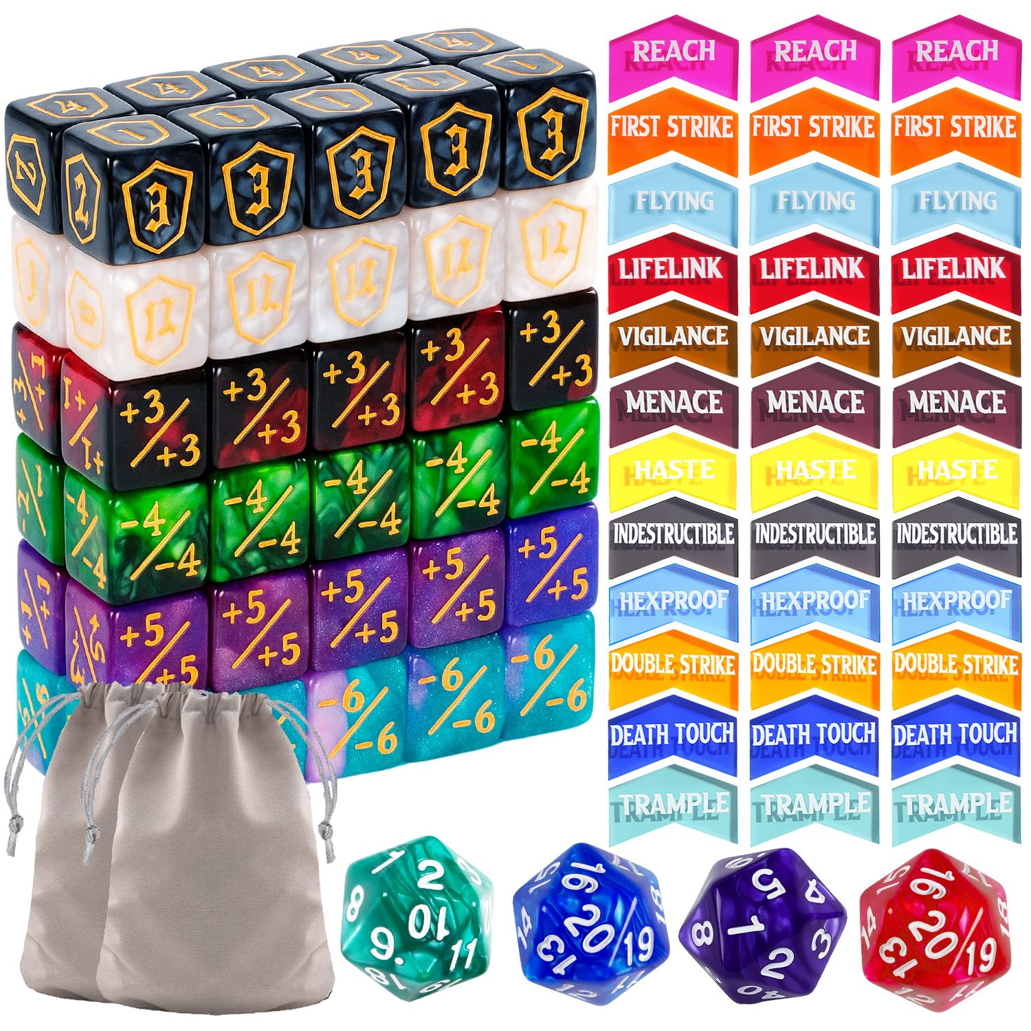 100 Pieces MTG Dice Keyword Counter Set Life Counter Game Tokens for MTG Includes 36 Acrylic Keyword Counters +1/-1 Dice, Shield Dice, D20 Spindowns, Velvet Bags & Storage Box