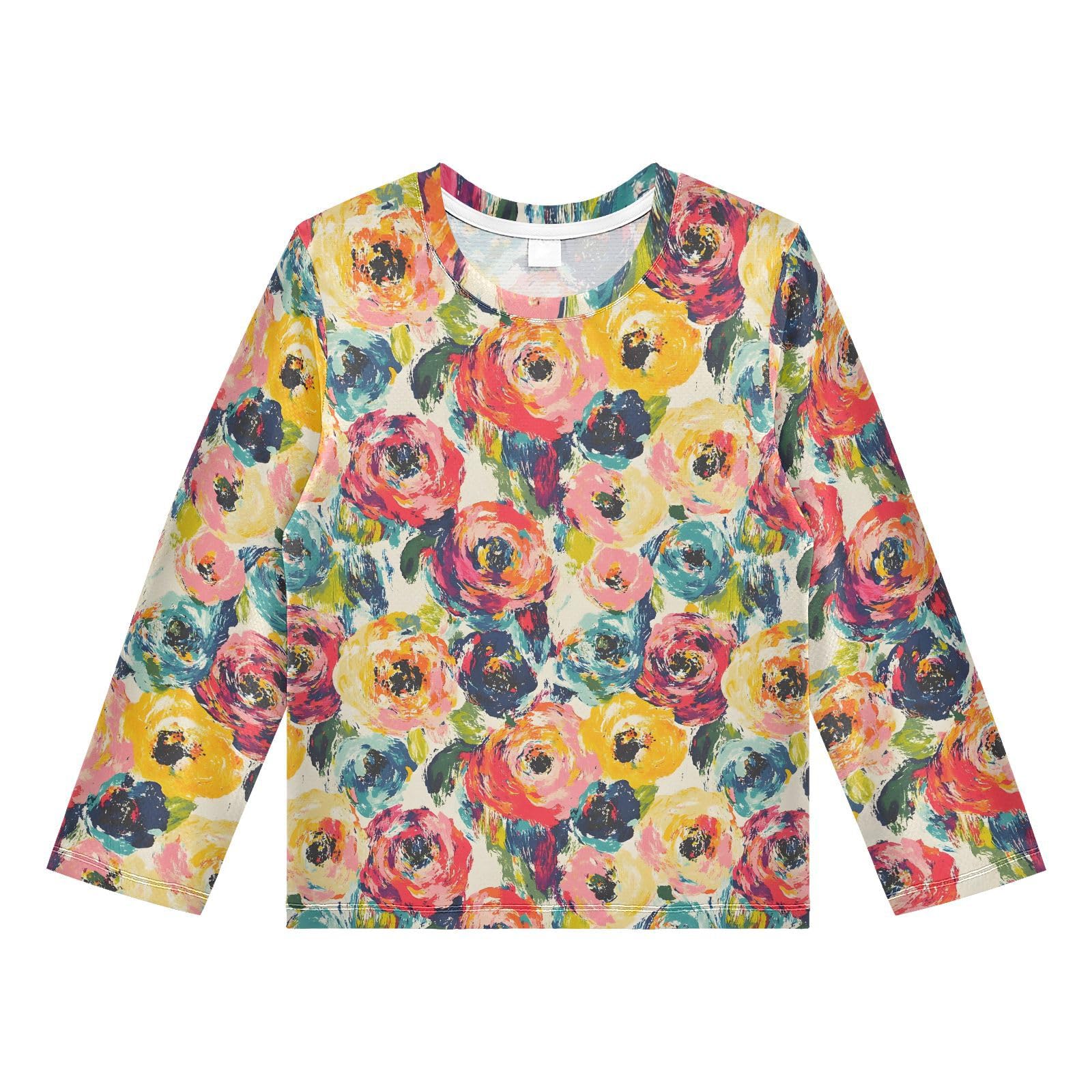 Vintage Colorful Floral Pattern Boys Rash Guard Swim Shirts Long Sleeve UPF 50+ Quick Dry Sun Protection Shirt Swimsuit Surf Tops for Toddler Kid Girl Fishing Swimming Outdoor 5-6T