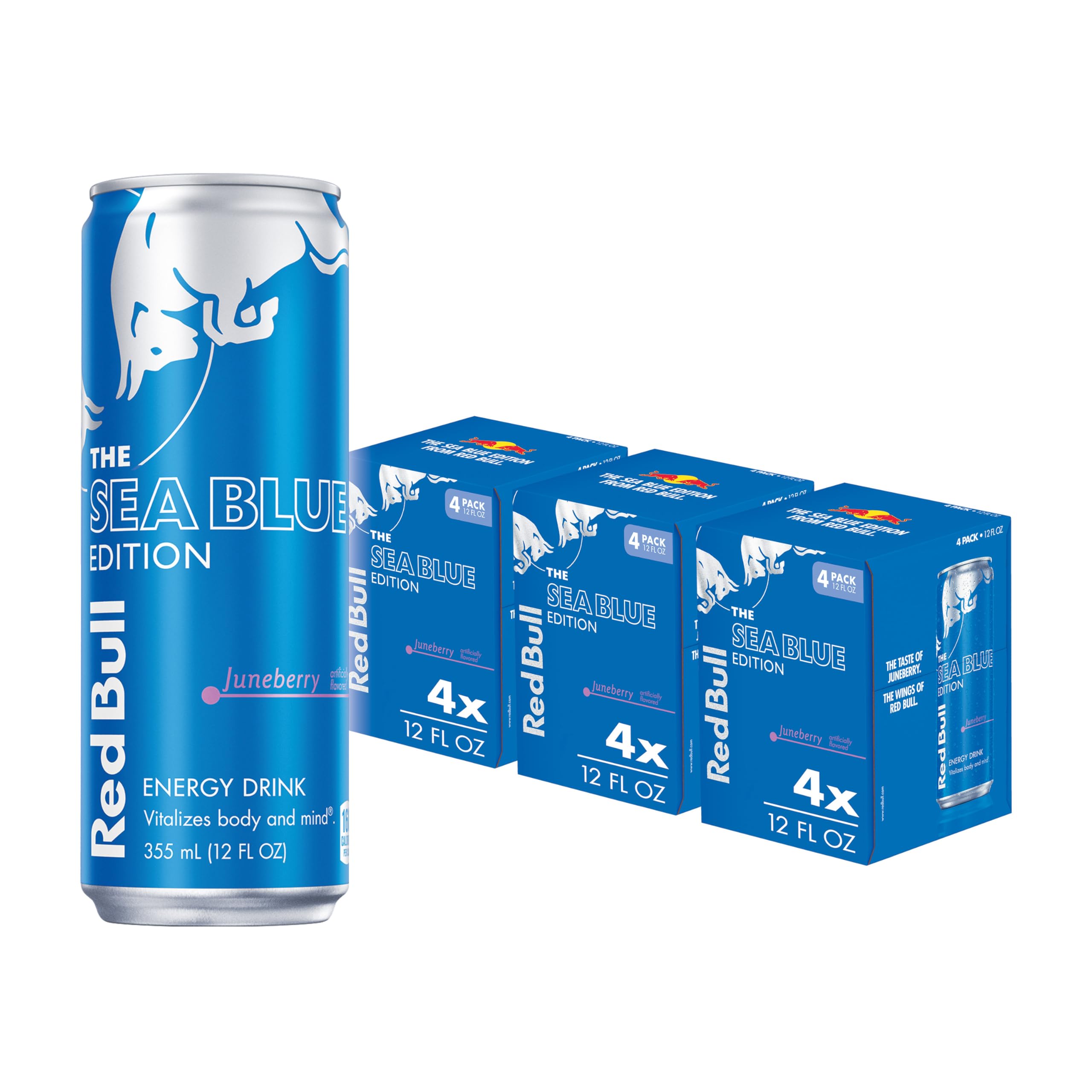 Red BullSea Blue Edition Energy Drink, Juneberry, with 114mg Caffeine plus Taurine & B Vitamins, 12 Fl Oz, Pack of 12 Cans