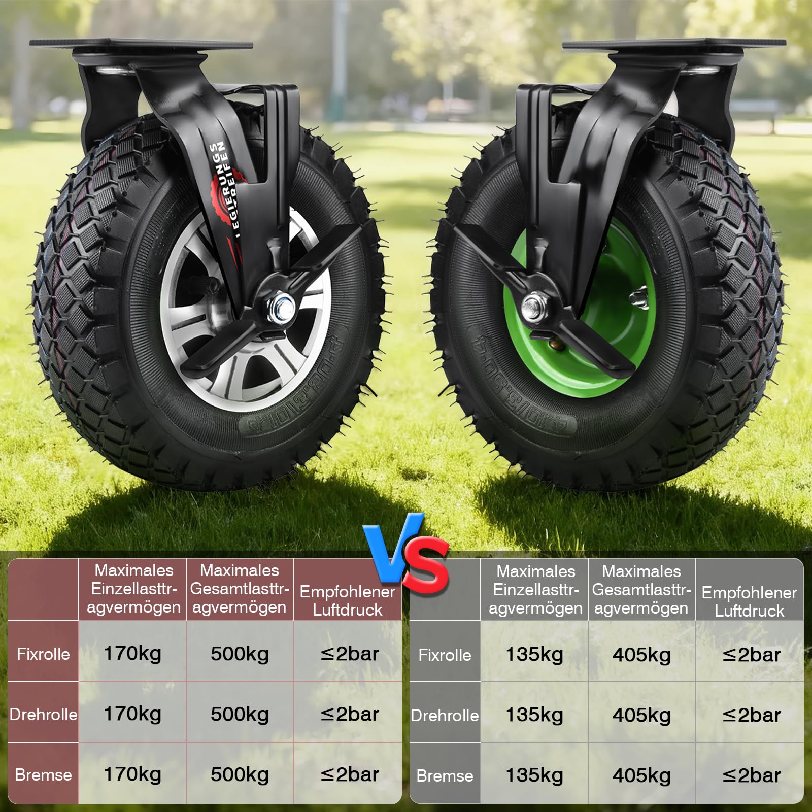 4 pièces de roulettes avec frein Ø 250 x 90 mm, roue pneumatique silencieuse sur roues en alliage d'aluminium avec amortisseur, pour chariot à bras et chariot de transport, capacité de charge 510 kg