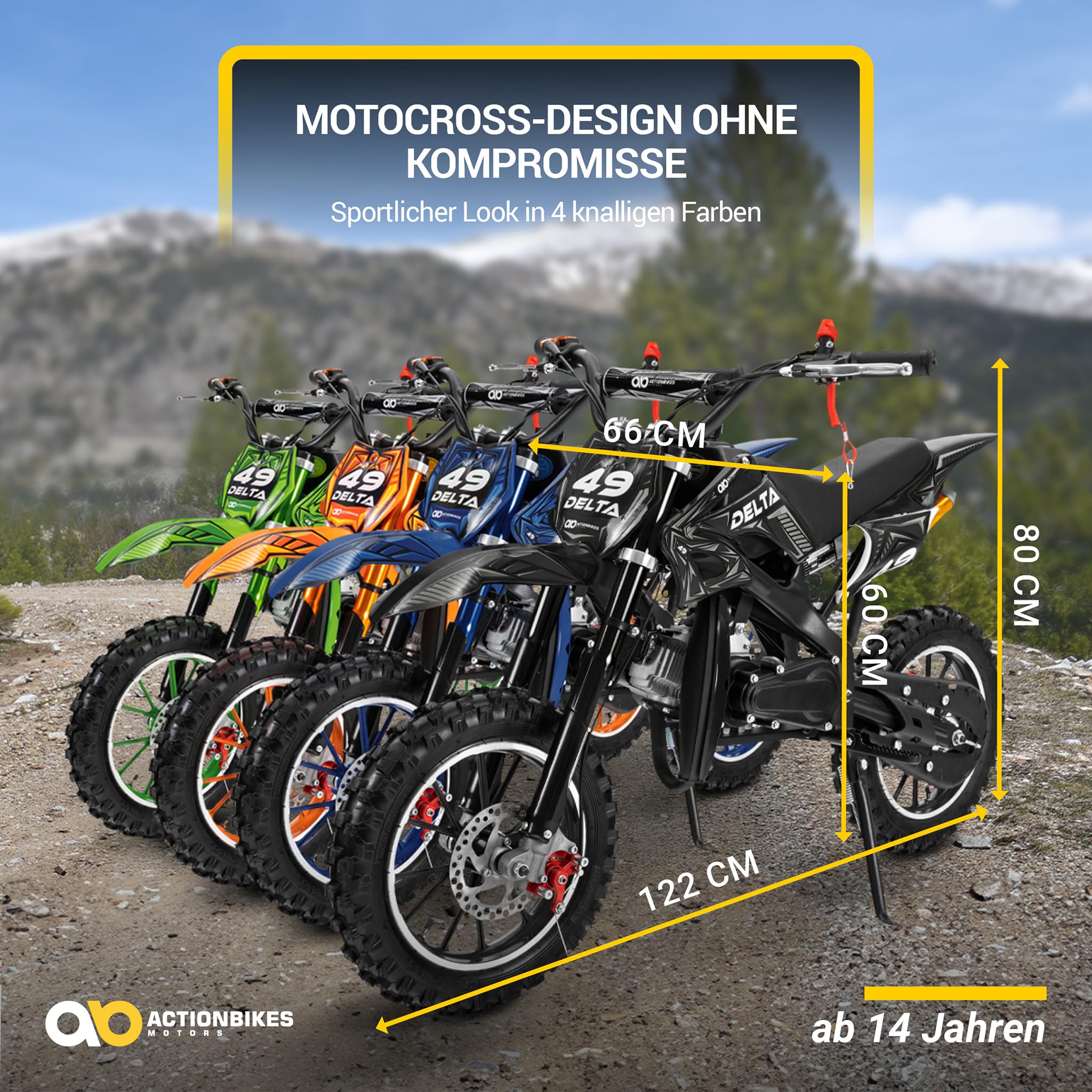 Actionbikes Motors Crossbike Delta 49 cc | 2-Takt 49ccm Motor bis 𝟒𝟎 km/h - Motorrad - Pocket Bike - Dirt Bike - Motocross - Pocketbike - Motorsport - Dirtbike - Enduro (Schwarz)