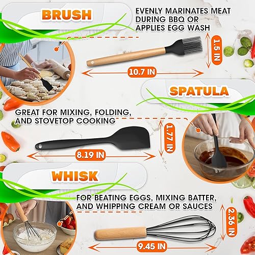 Miniatura 4 de Juego de 14 utensilios de cocina de silicona negra con soporte, utensilios de cocina versátiles con asas de madera resistentes, juego de utensilios