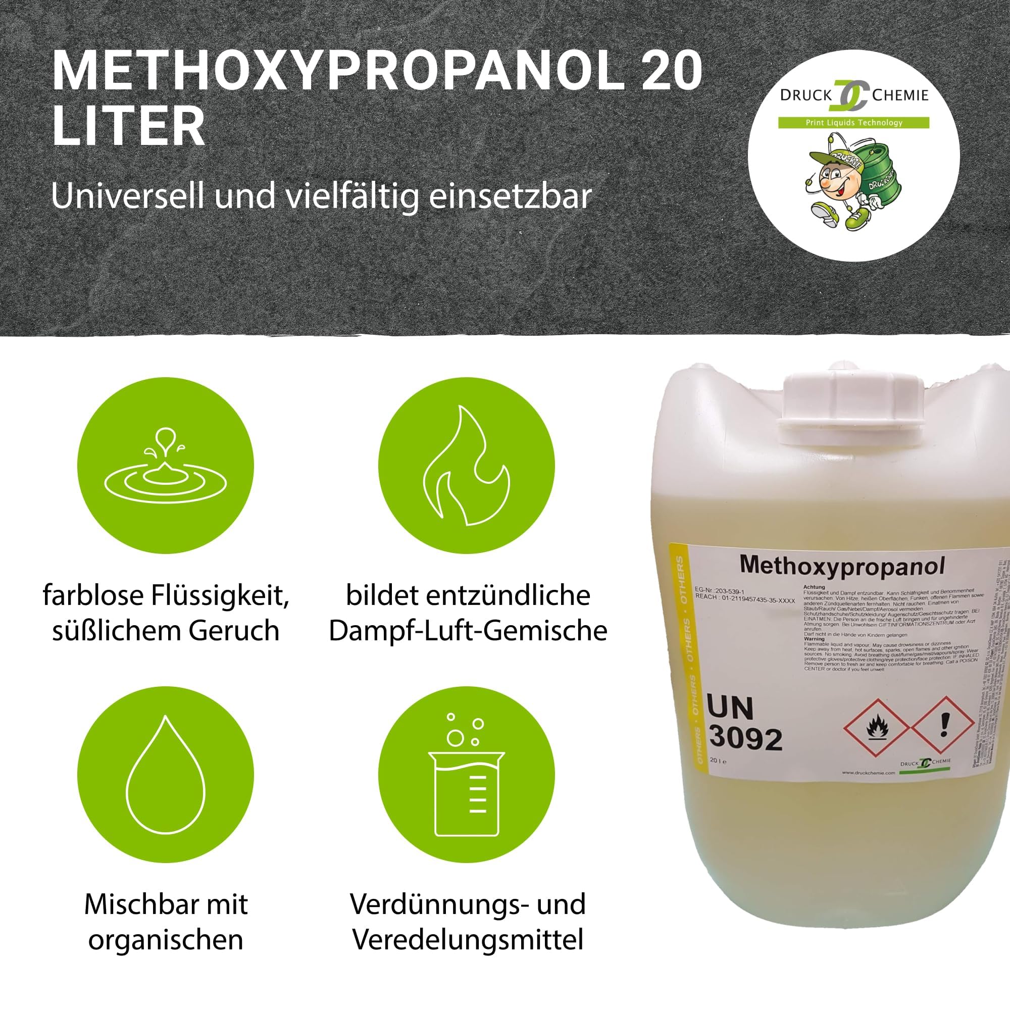 Methoxypropanol - 2 x 10 Liter Kanister - 1-Methoxy-2-Propanol - Hochwertiges Verdünnungsmittel & Lösungsmittel - Geeignet zur Lackherstellung