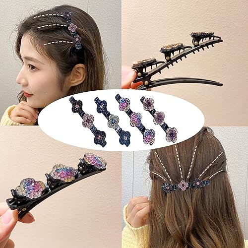 Miniatura 3 de Atuyina Pinzas para el cabello trenzadas de piedra de cristal brillante bandas de pelo de tela satinada trébol de cuatro hojas clip de pico de pato