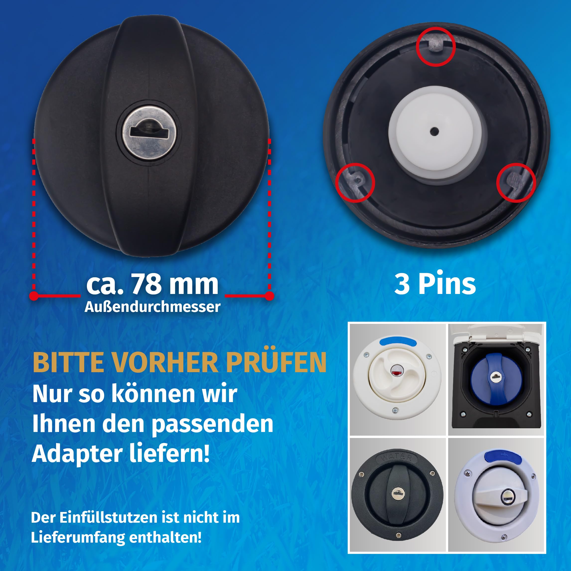 MaJoCompTec® WATERTWIN - Set di filtri per serbatoio dell'acqua per camper, accessori per serbatoio, adattatore compatibile con Gardena, tipo 3 pin, D:78 (CLEAN)
