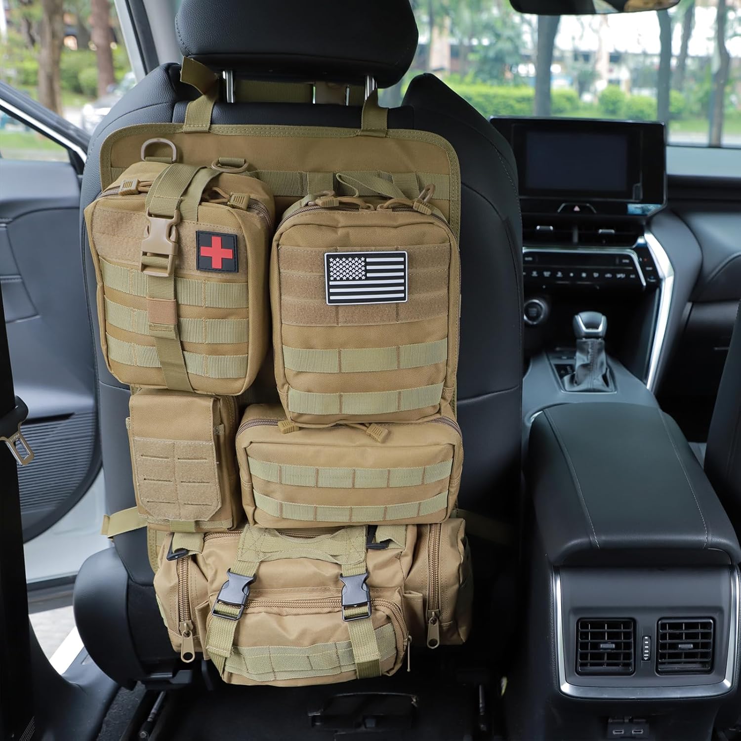 Tactical Car Seat Back Organizer Hanger Bag with 5 Detachable Molle Pouch Vehicle Molle Panel Organizer Storage Bag Universal for for most car models (Khaki)