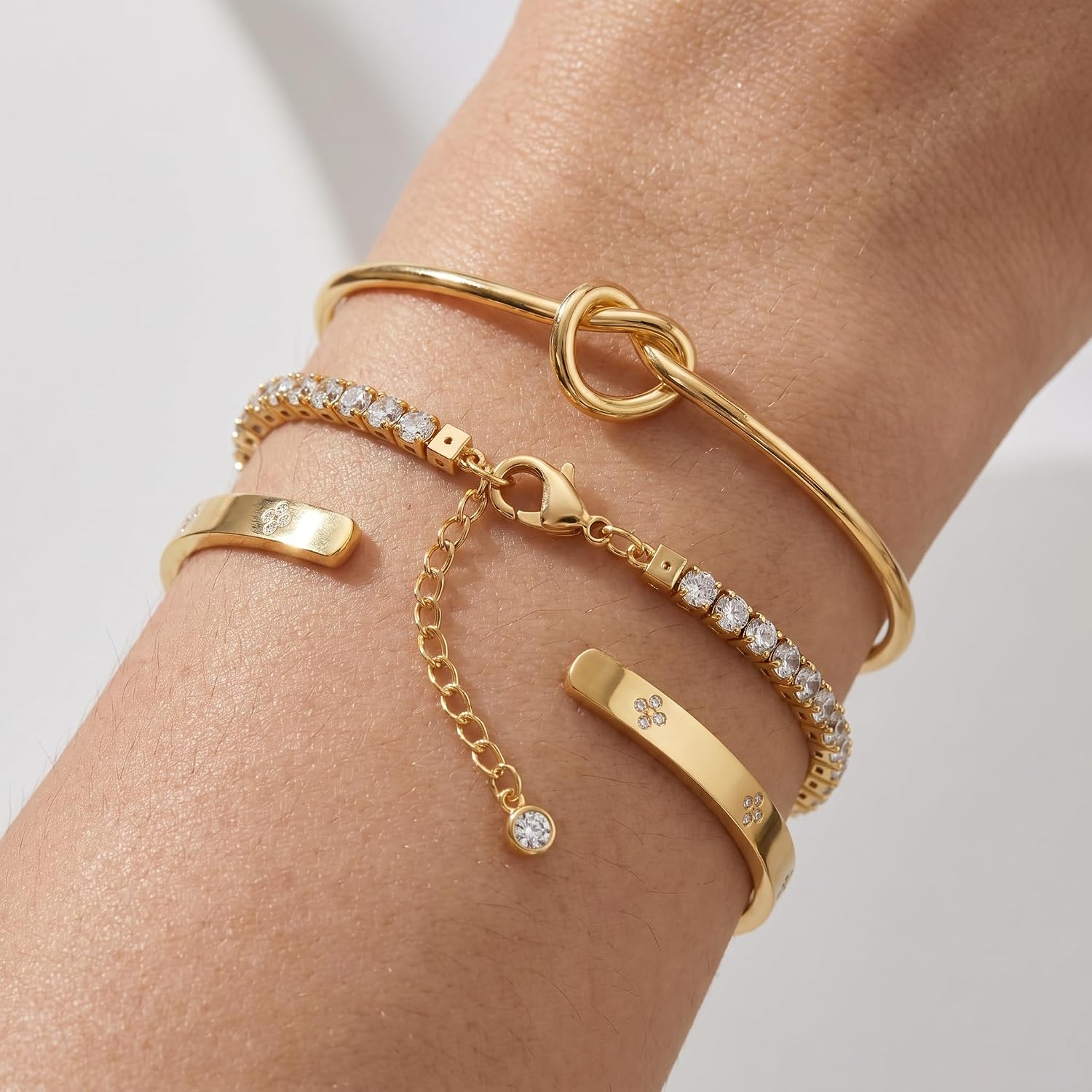 Gold Bracelets for Women, 3 Pcs 14K Gold Plated Stackable Bracelet Set, Dainty Love Knot Bangle, CZ Tennis Bracelet, Open Cuff Bracelet for Women, Adjustable Jewelry Gift for Daily Wear