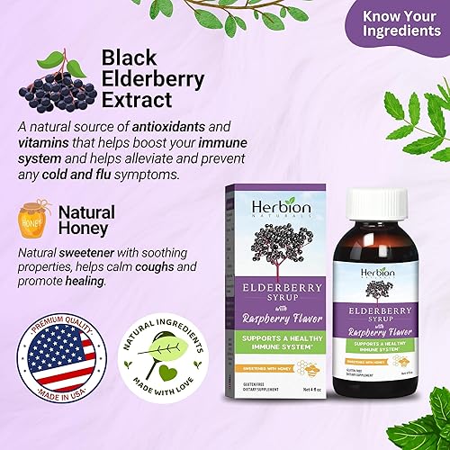 Miniatura 4 de Herbion Naturals Jarabe de saúco de 4 onzas líquidas  Sistema inmunológico saludable para adultos y niños (1 año)  Miel endulzada con sabor natural
