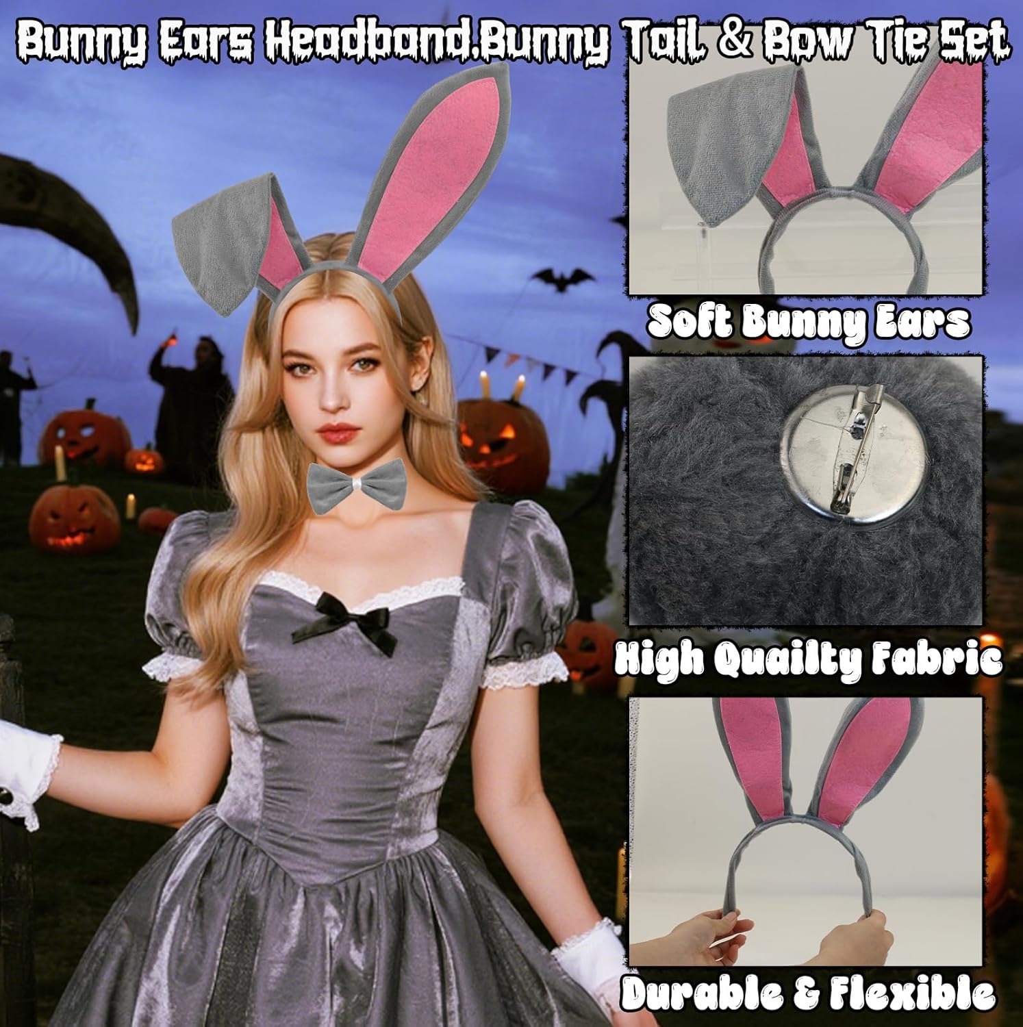 Bunny Ears Headband & Tail Set for Adult Halloween Bunny Cosplay Costume Accessories - Image 3