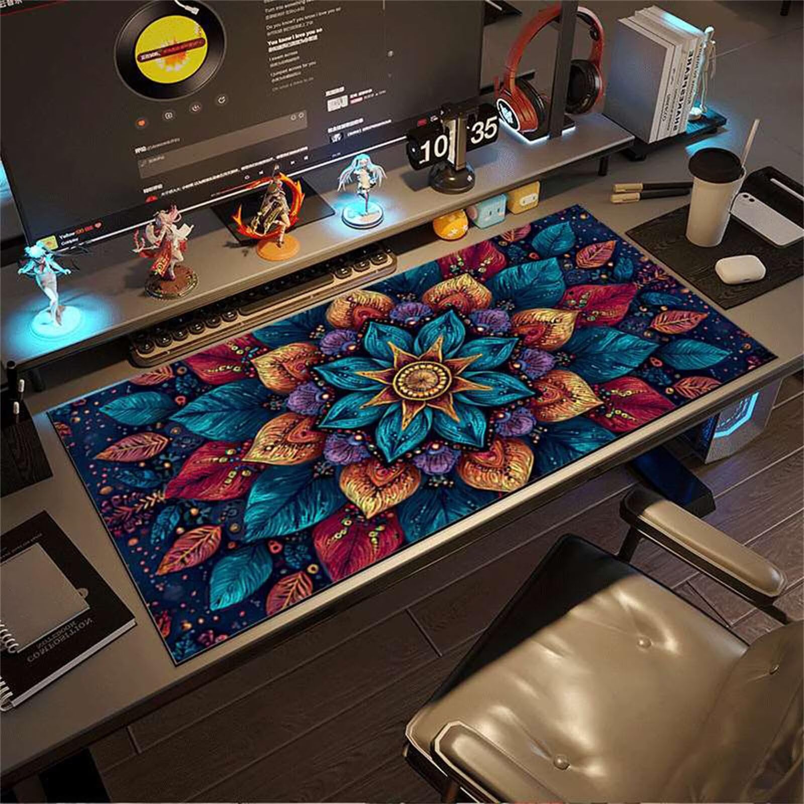 Alfombrilla de Ratón Gaming XXL 1000x500x2mm - Mandala Floral - Alfombrilla Escritorio Grande con Base Antideslizante y Bordes Cosidos para PC, Oficina